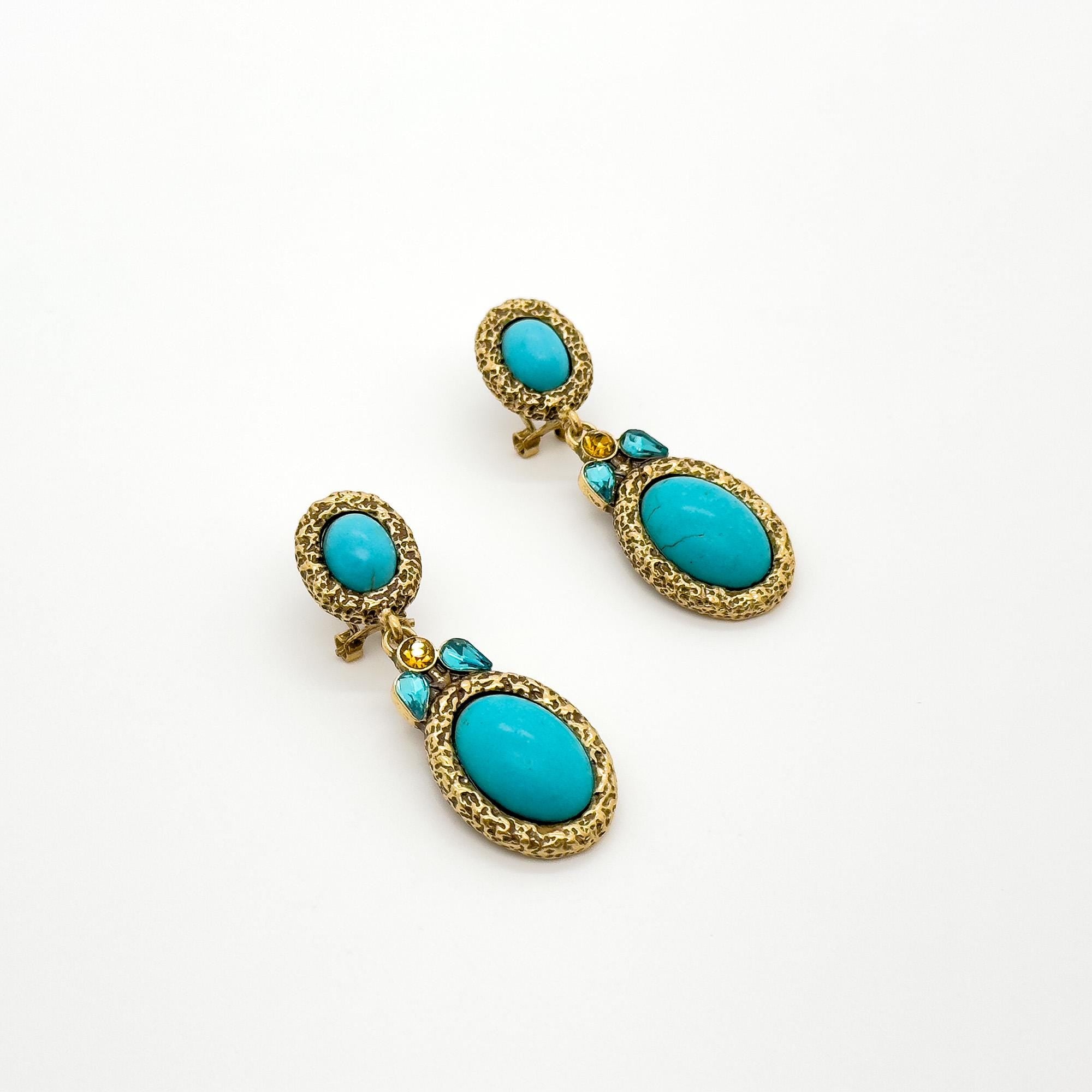 Vintage Art Deco Turquoise Drop Earrings with Rhinestone Detail