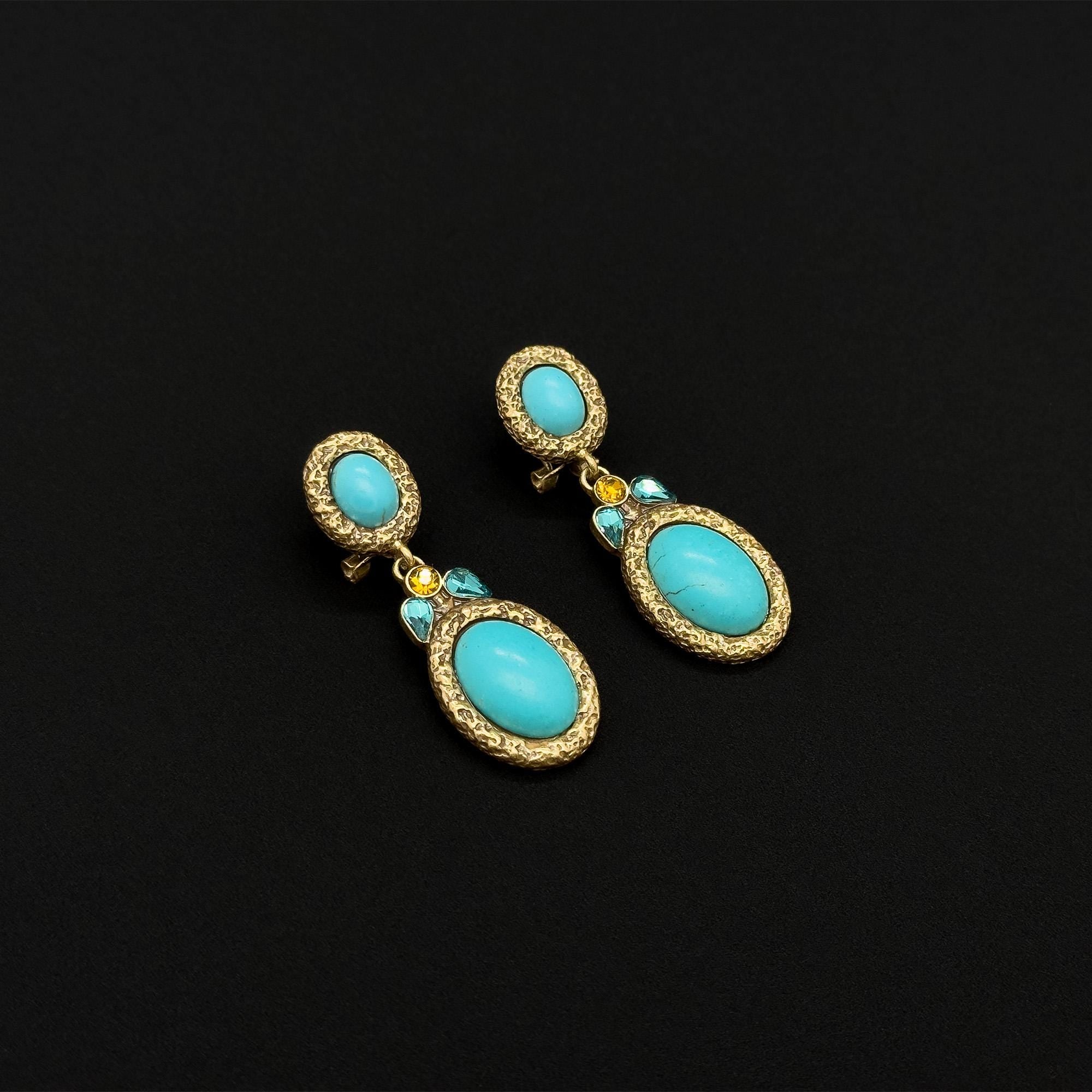 Vintage Art Deco Turquoise Drop Earrings with Rhinestone Detail