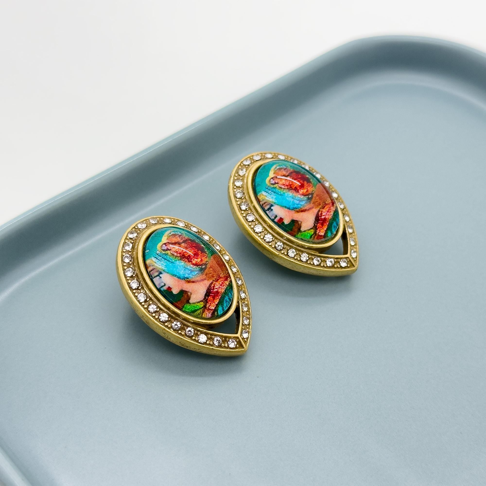 Vintage Art Deco Portrait Rhinestone Resin Copper Stud Earrings