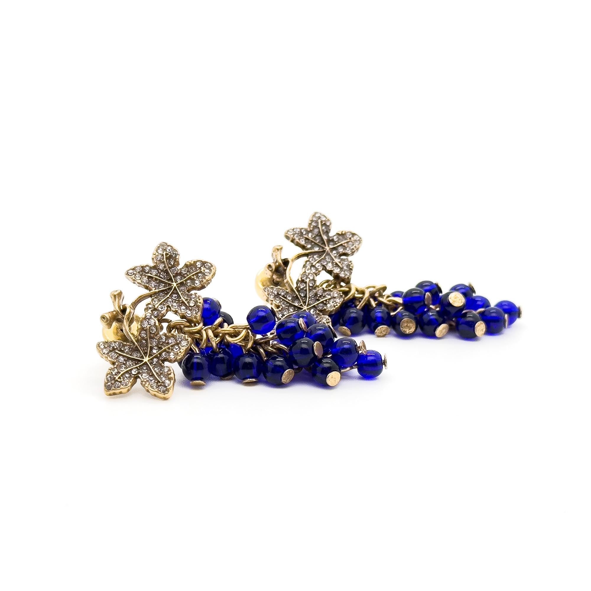 Vintage Art Deco Blue Grape Rhinestone Dangle Drop Earrings