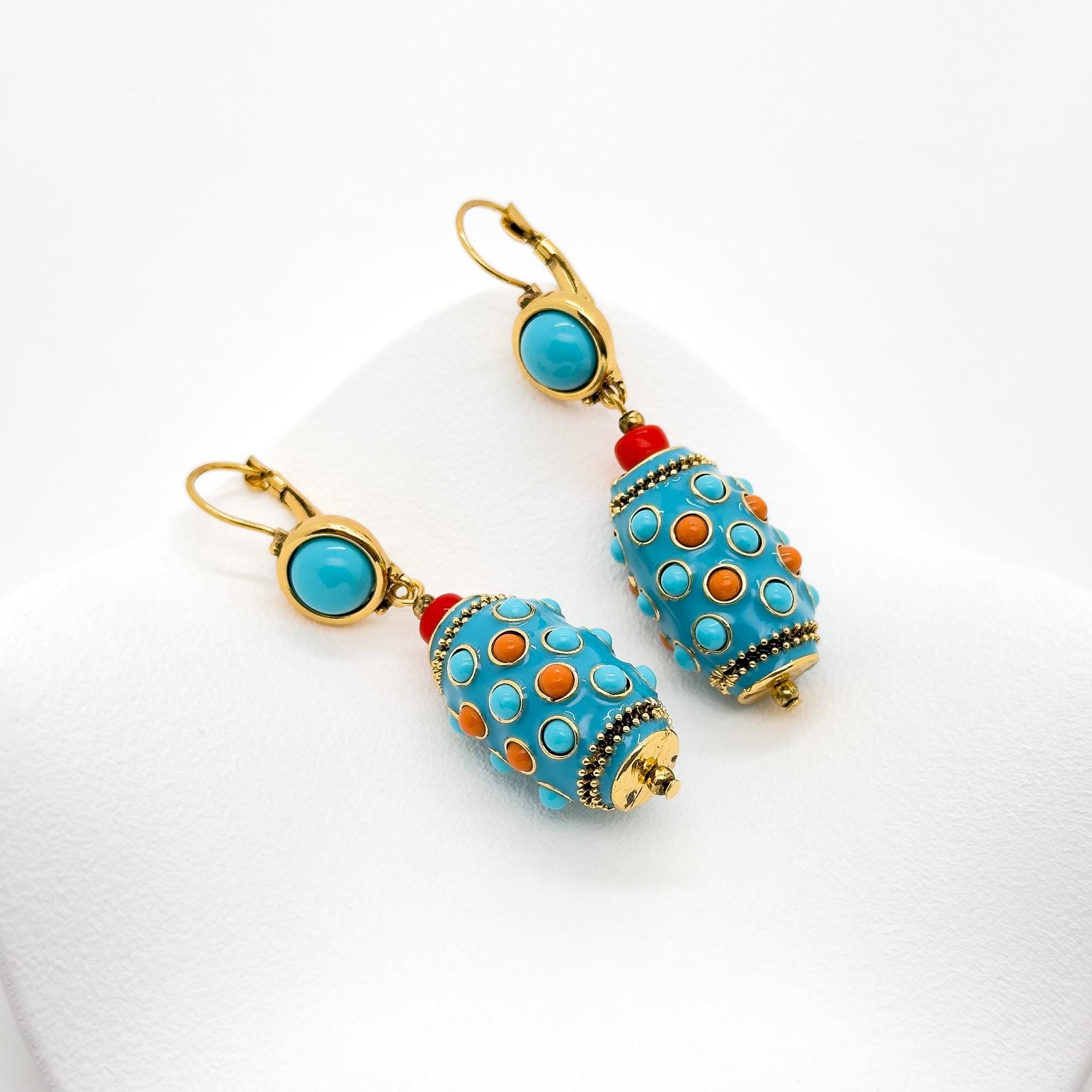 Vintage Ethnic Turquoise Thangka Drop Earrings Copper Enamel Tribal