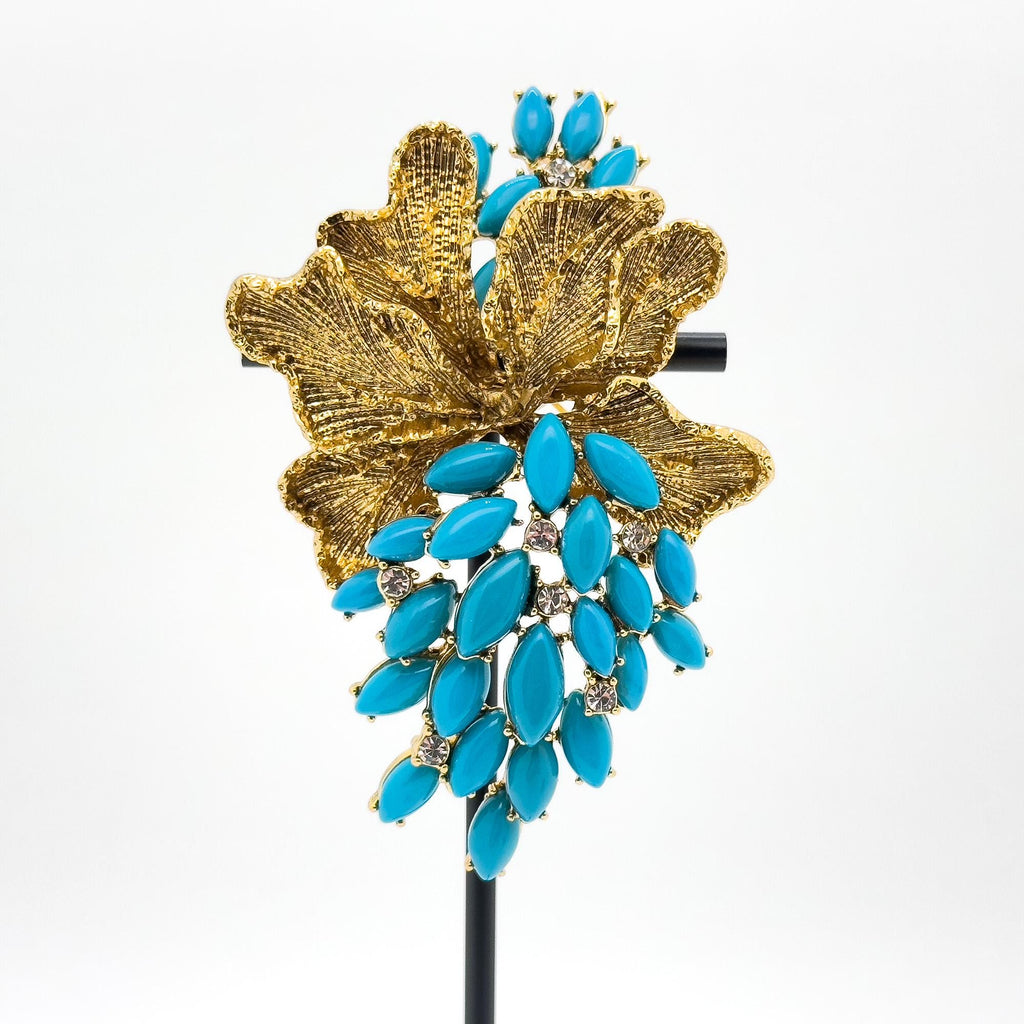 Vintage Art Deco Blue Grape Brooch Gold-Plated Rhinestone Leaf