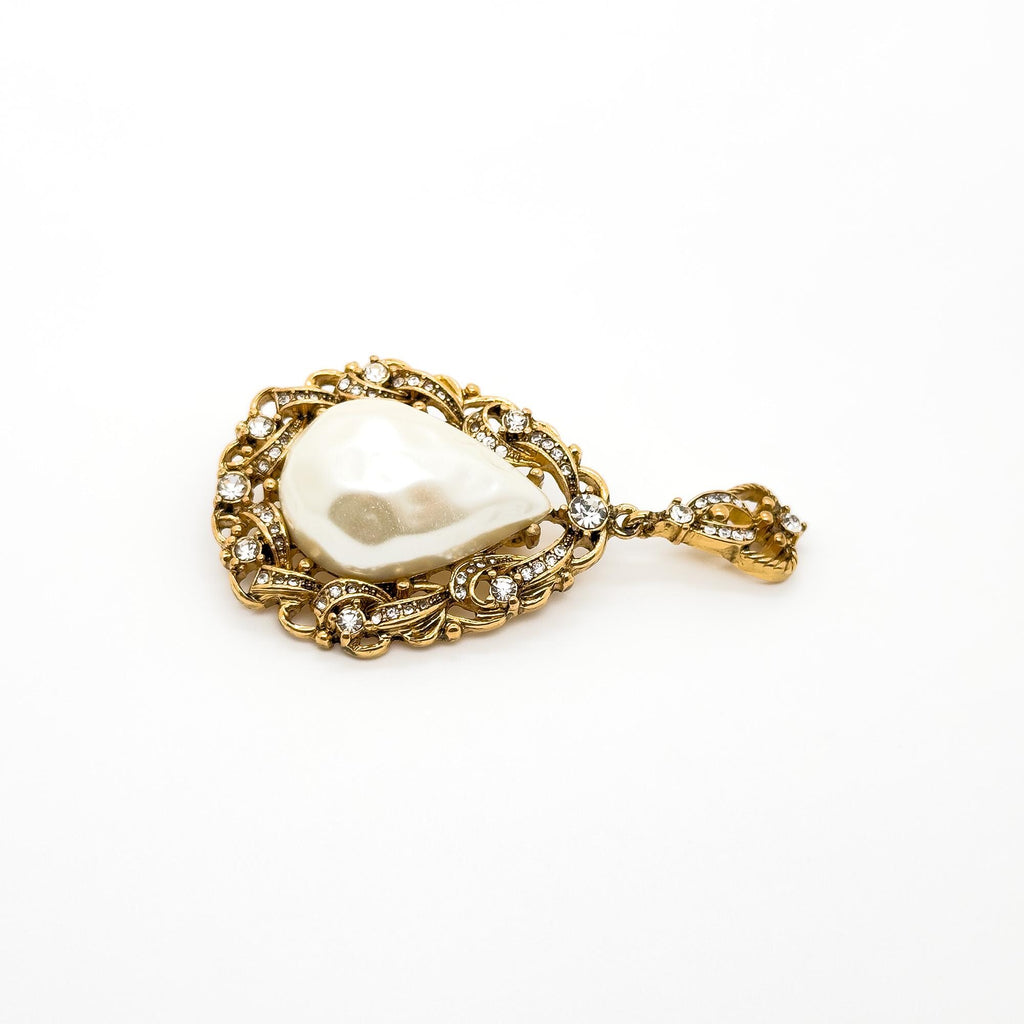 Vintage Art Deco Pearl Teardrop Brooch Gold-Plated Rhinestone Brooch