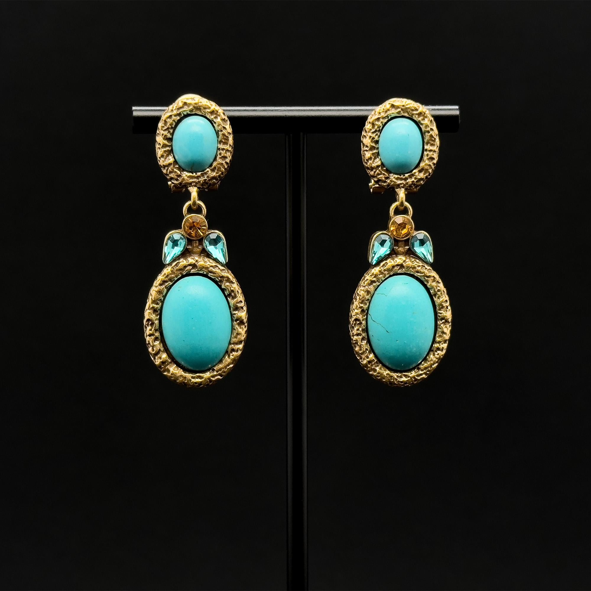 Vintage Art Deco Turquoise Drop Earrings with Rhinestone Detail