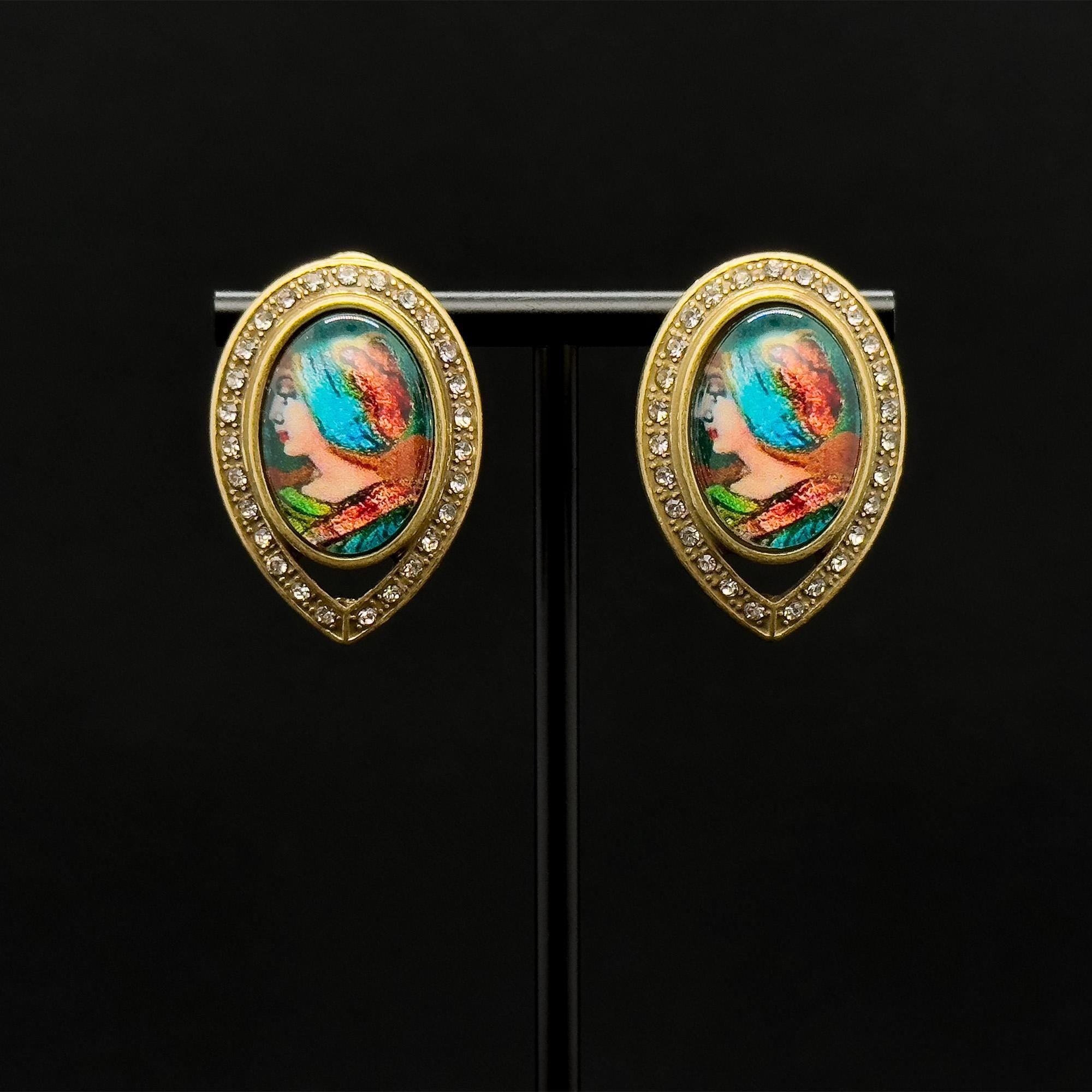 Vintage Art Deco Portrait Rhinestone Resin Copper Stud Earrings