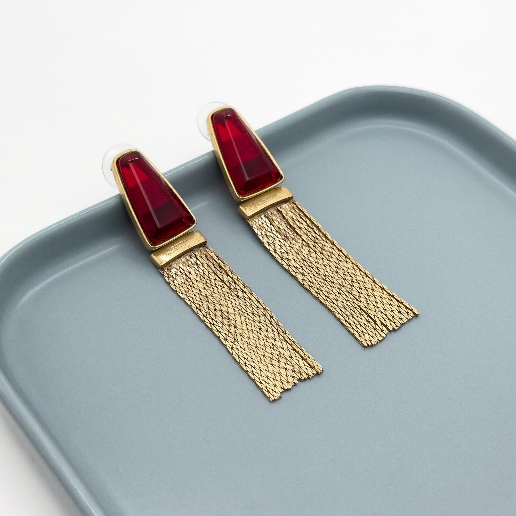 Vintage Art Deco Long Tassel Rhinestone Enamel Drop Earrings