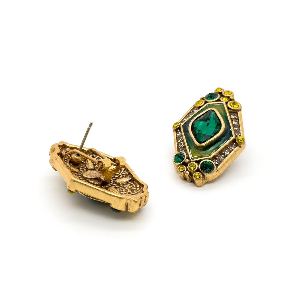 Vintage Art Deco Green Zircon Cameo Court-Style Stud Earrings
