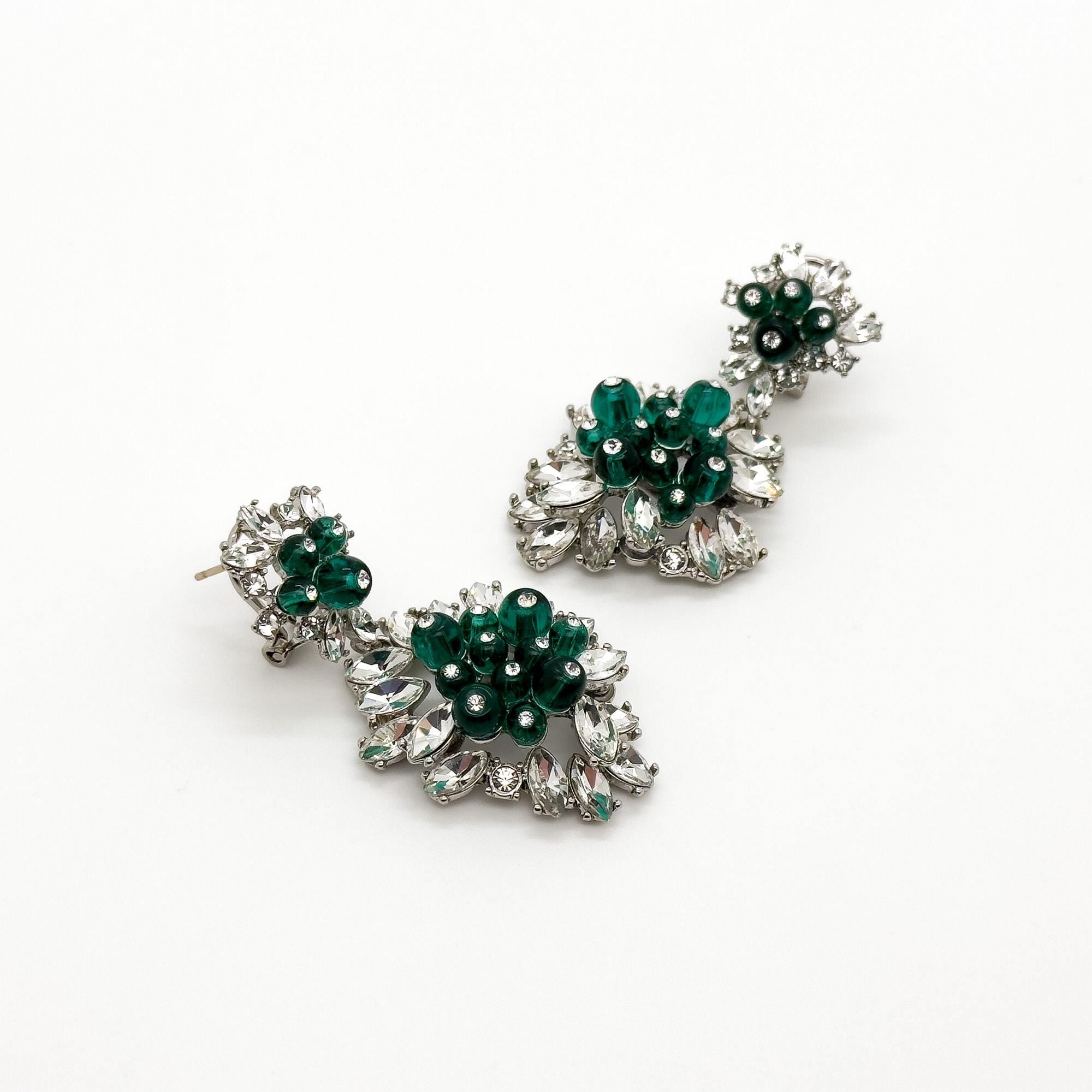 Vintage Art Deco Dangle Earrings Emerald Purple Glass Rhinestone