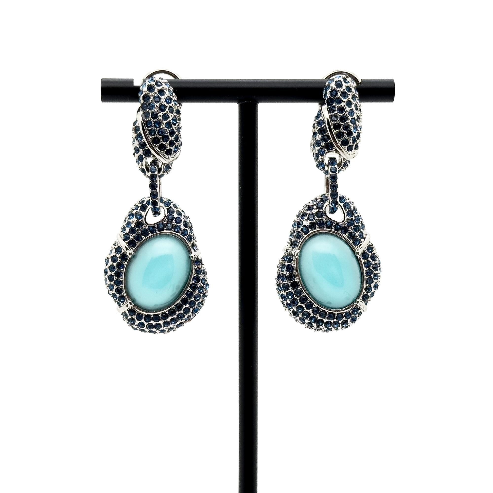 Vintage Art Deco Turquoise Dangle Earrings with Rhinestones, Copper