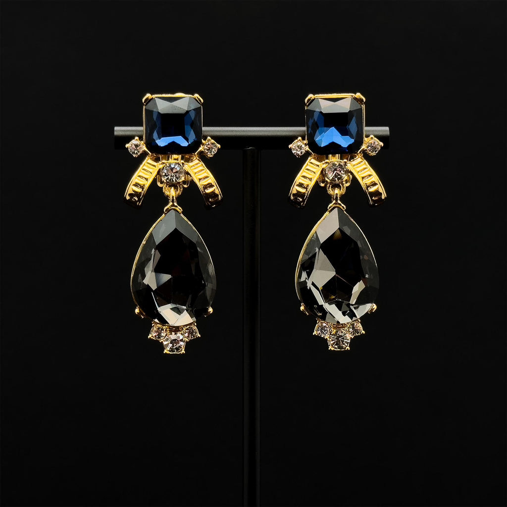 Vintage Art Deco Black Crystal Clip-On Dangle Court Earrings