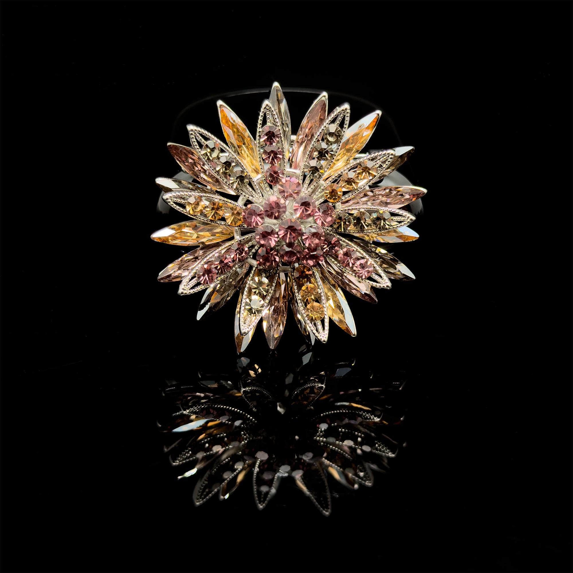 Art Deco Sunflower Crystal Brooch – 3D Vintage Copper Pin