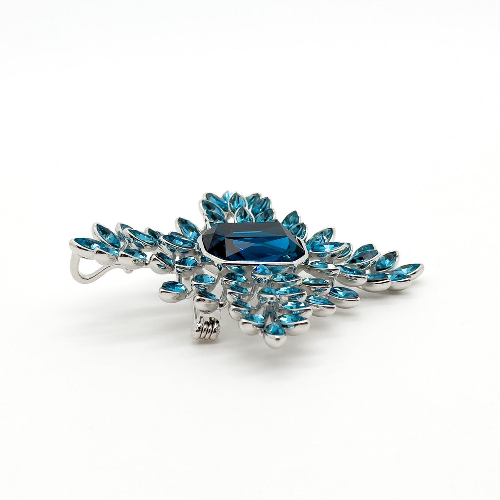 Art Deco Vintage Leaf Brooch Blue Crystal Copper Statement Pin