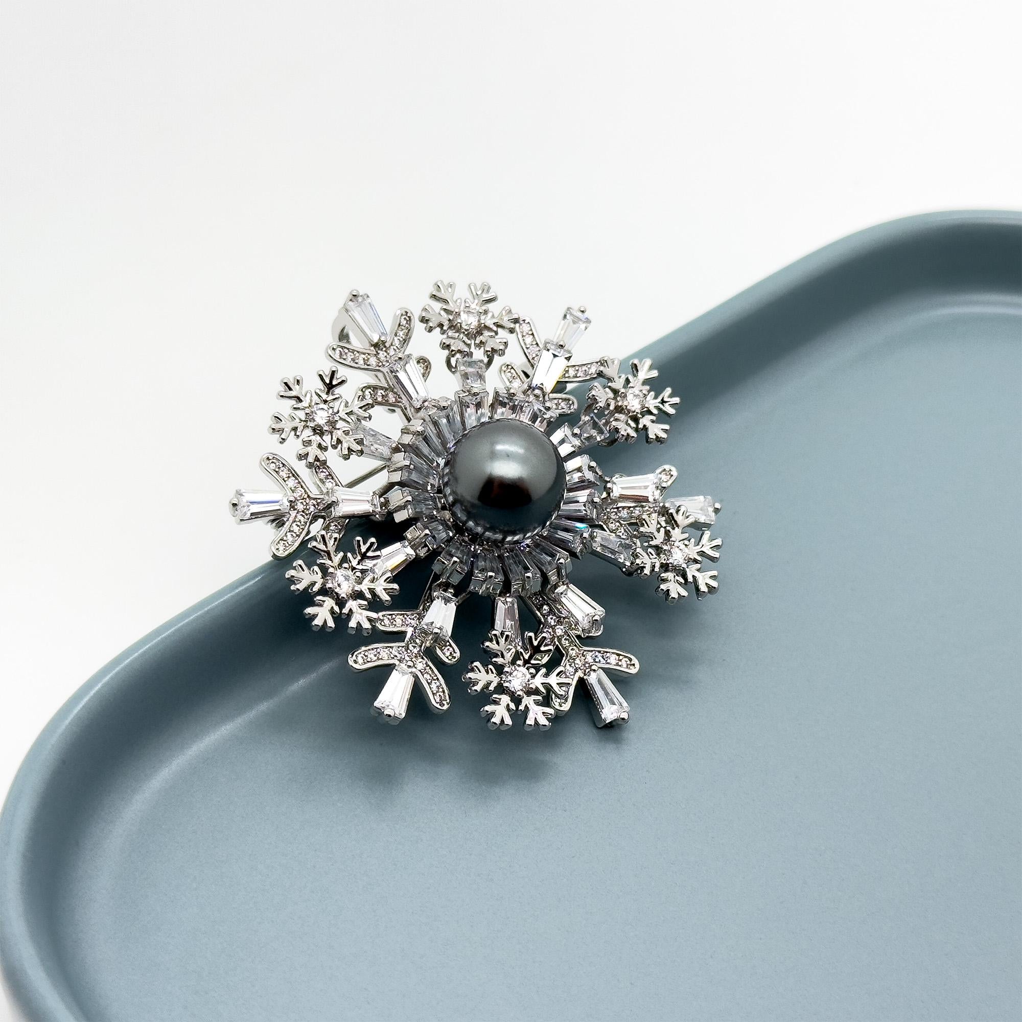 Art Deco Snowflake Brooch Zircon Pearl Copper Vintage French Pin