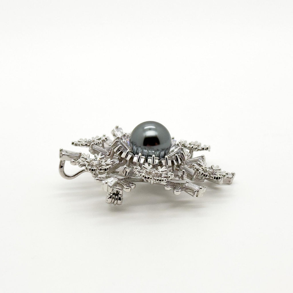 Art Deco Snowflake Brooch Zircon Pearl Copper Vintage French Pin