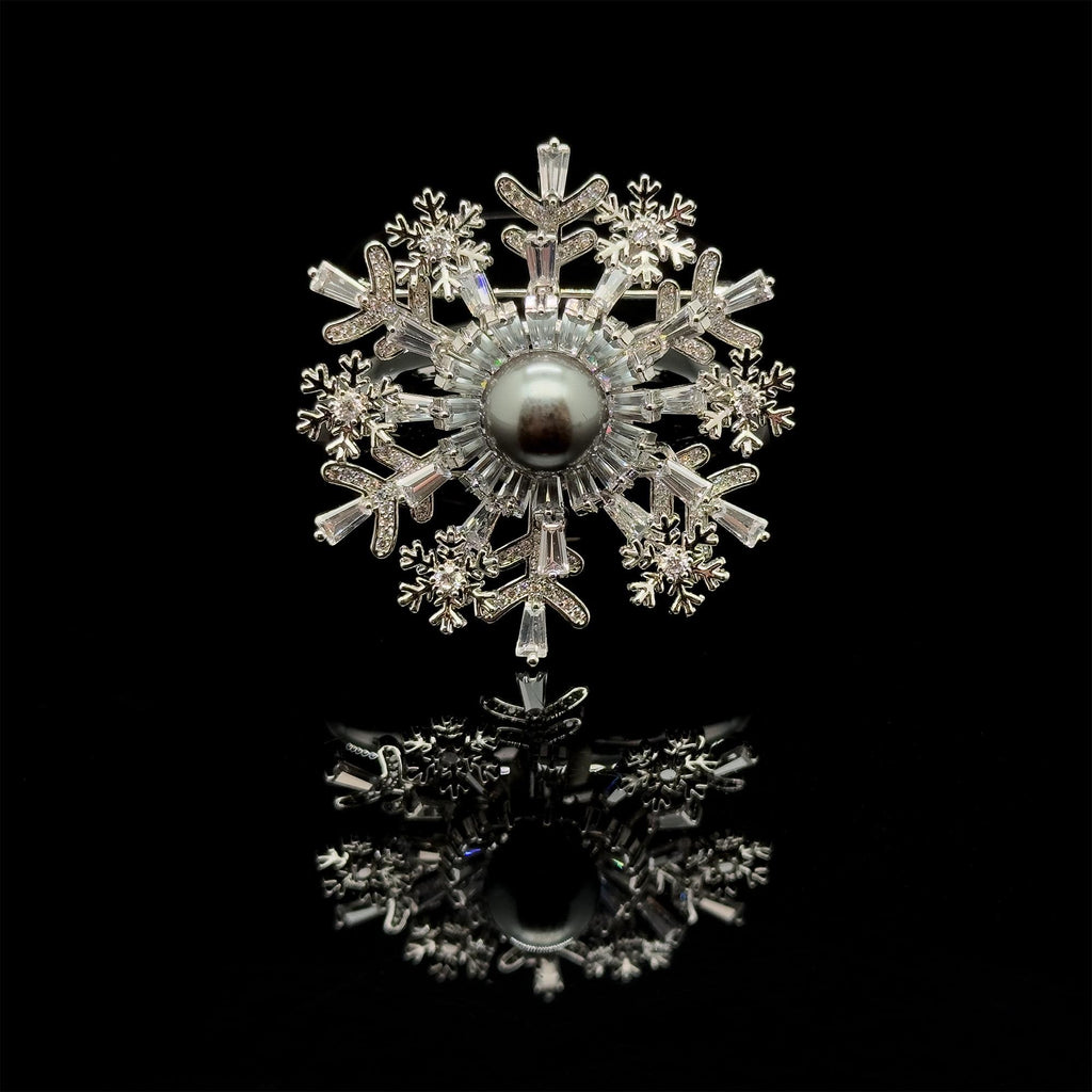 Art Deco Snowflake Brooch Zircon Pearl Copper Vintage French Pin