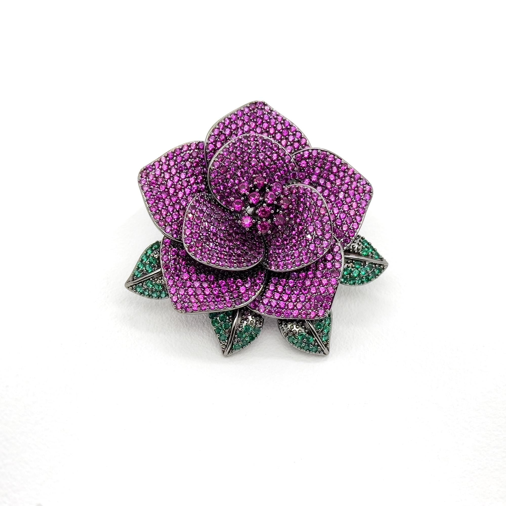 Art Deco Rose Brooch 3D Flower Purple Zircon Copper Brooch