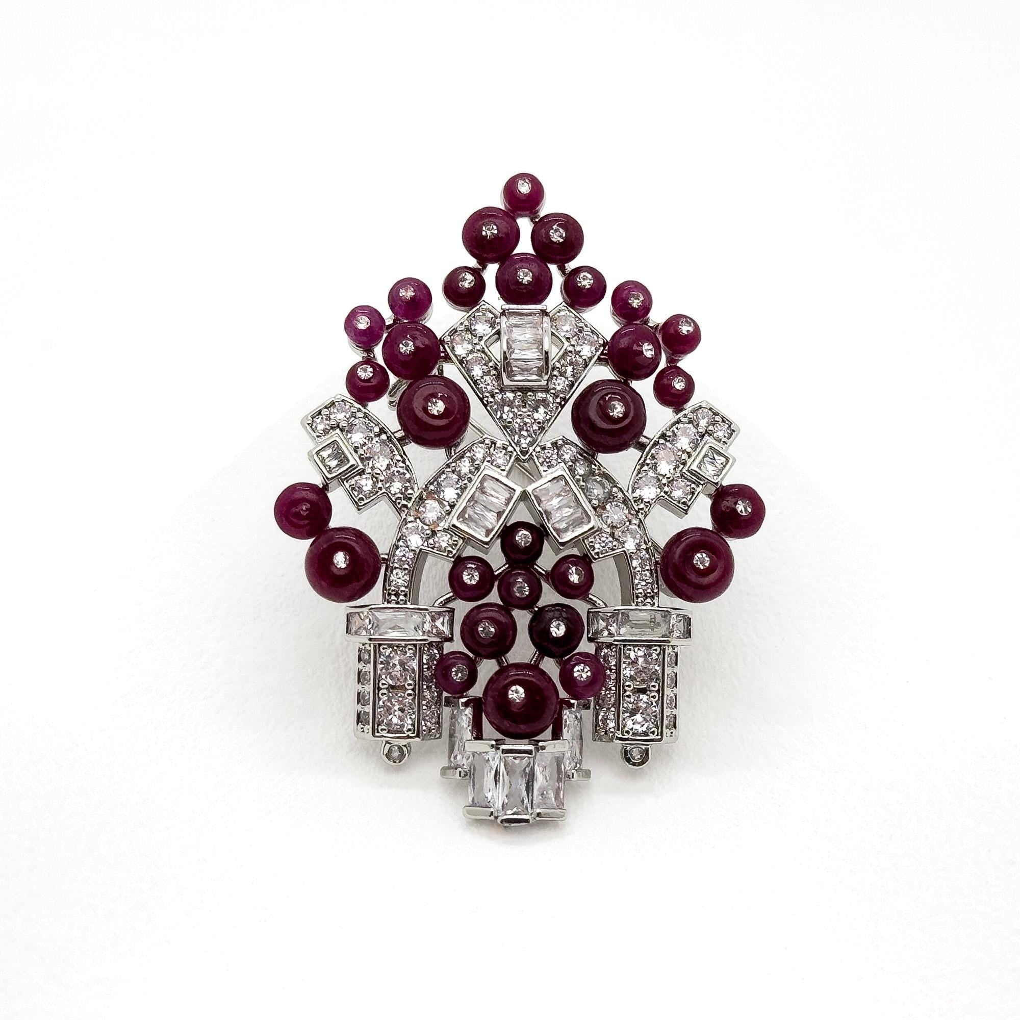 Art Deco Castle Brooch Purple Zircon Stone Titanium Steel Pin