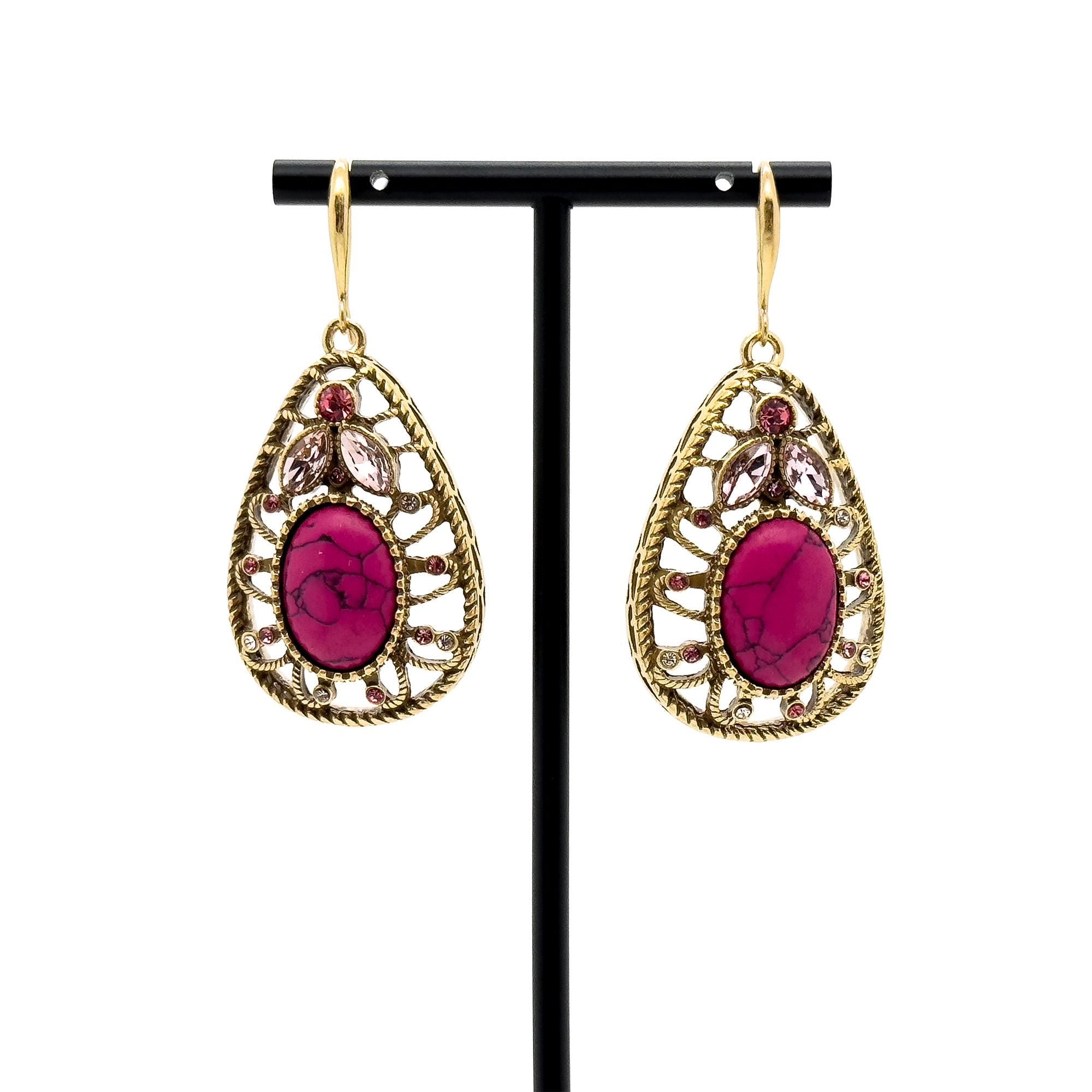 Vintage Art Deco Ruby Drop Earrings Copper Filigree Statement