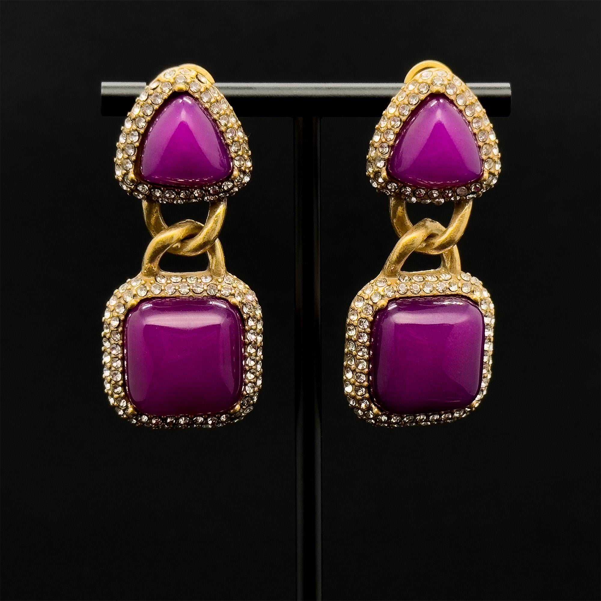 Vintage Art Deco Heart Lock Dangle Earrings with Rhinestones