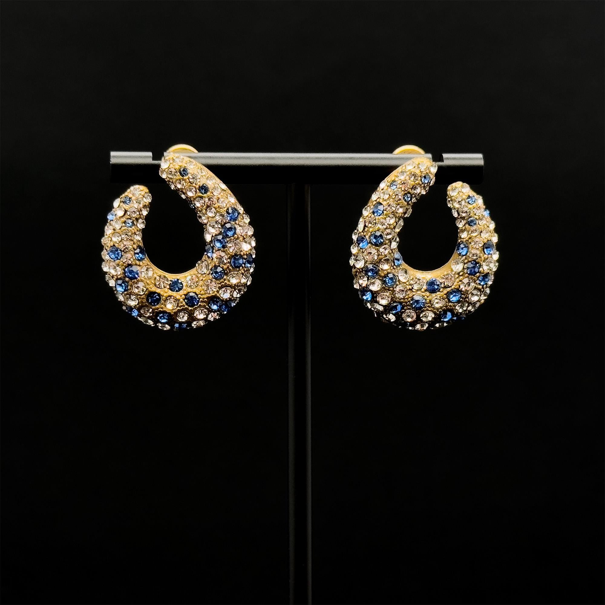 Vintage Art Deco U-Shaped Rhinestone Stud Earrings, 925 Silver Posts