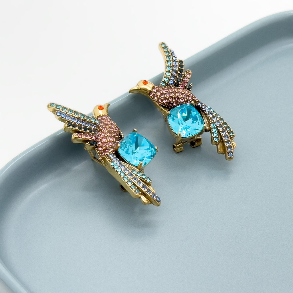 Vintage Art Deco Bird Zircon Stud Earrings with Gift Box