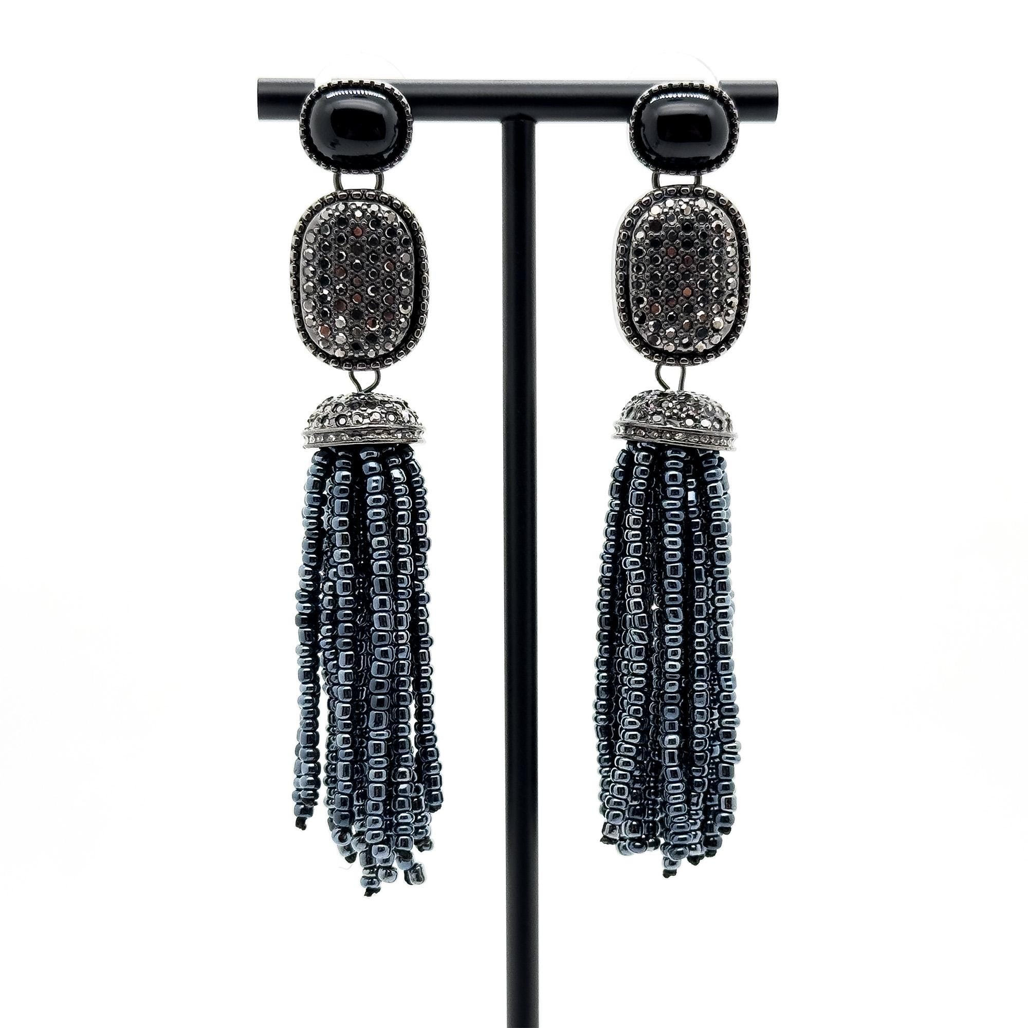 Handmade Art Deco Agate Dangle Earrings with Beaded Detail
