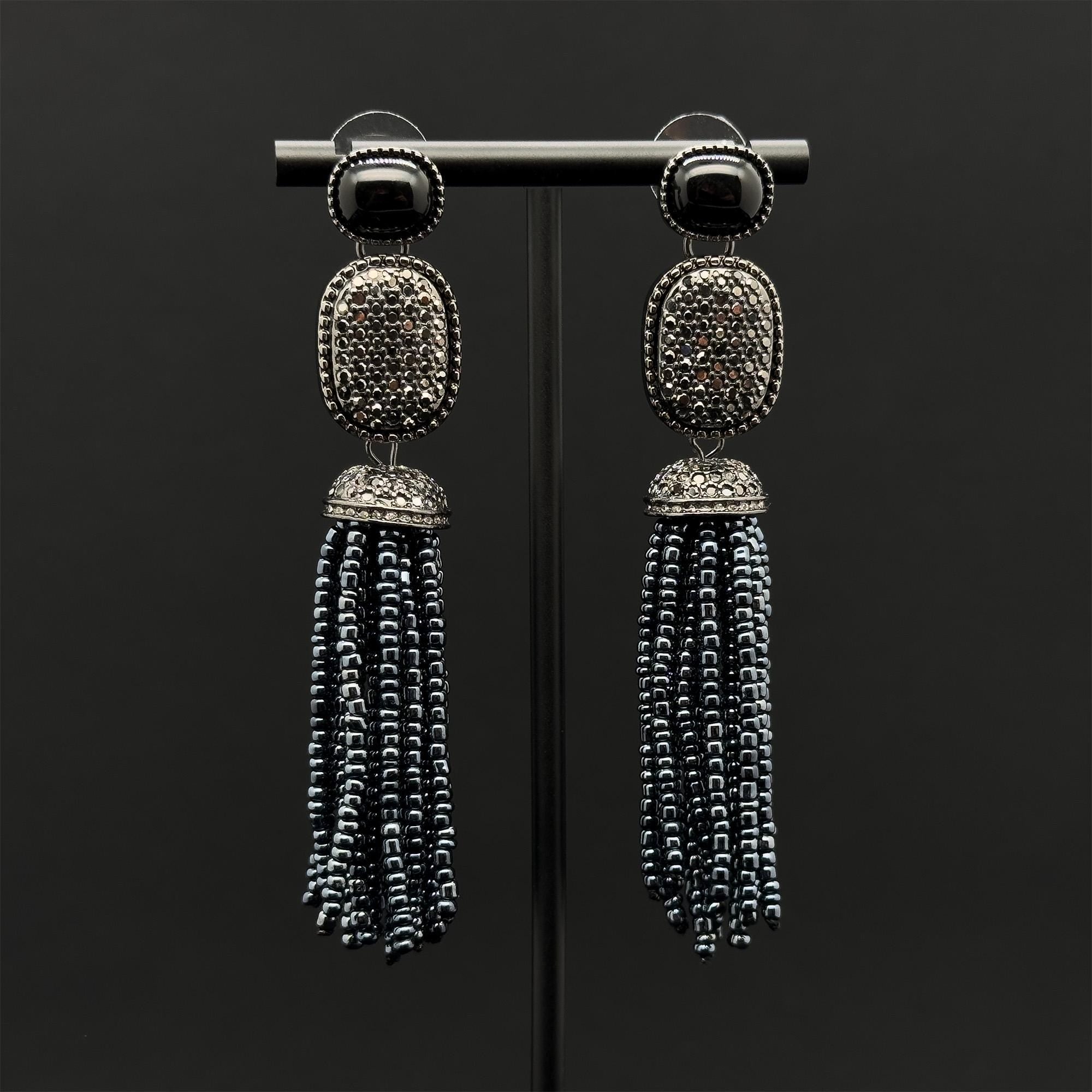 Handmade Art Deco Agate Dangle Earrings with Beaded Detail