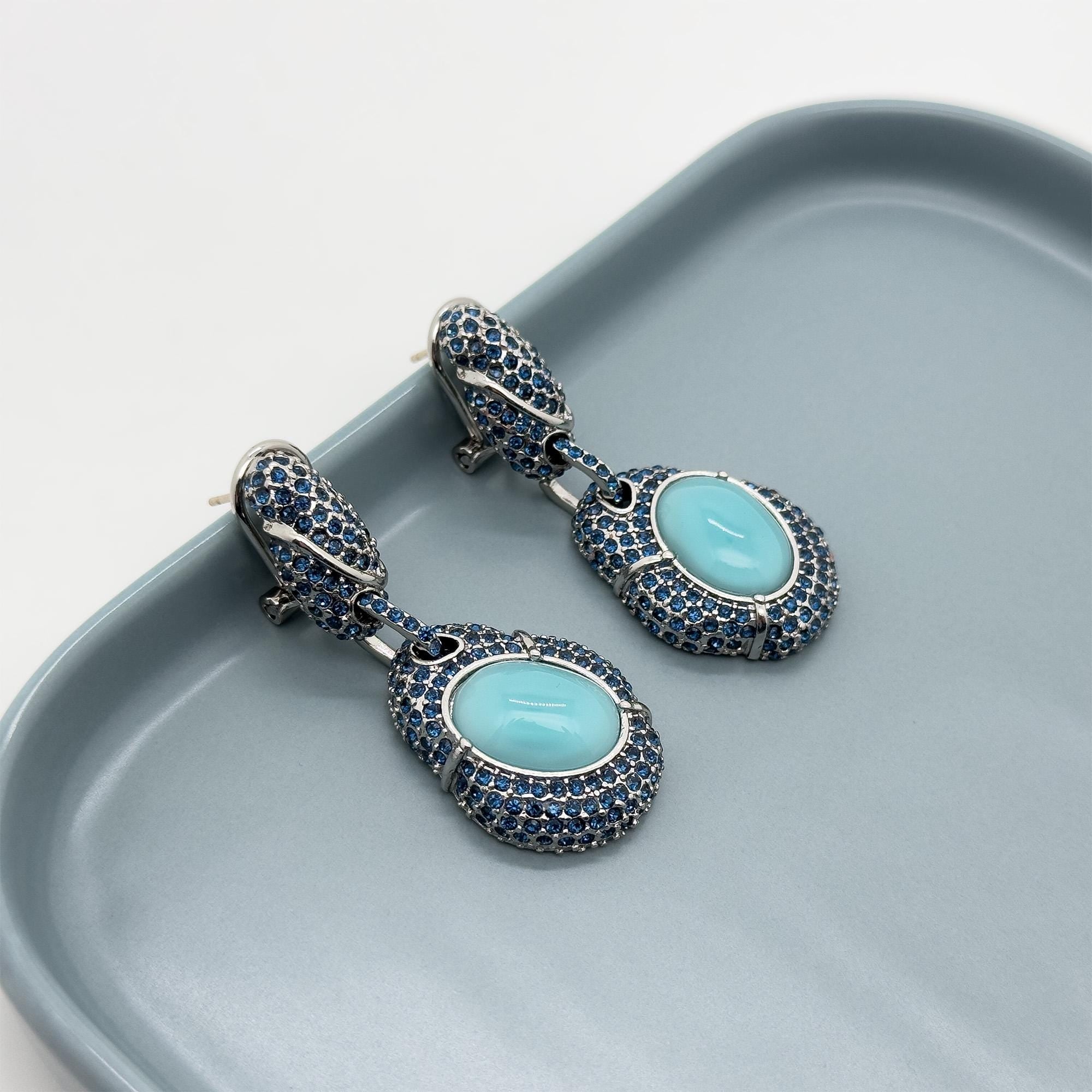 Vintage Art Deco Turquoise Dangle Earrings with Rhinestones, Copper