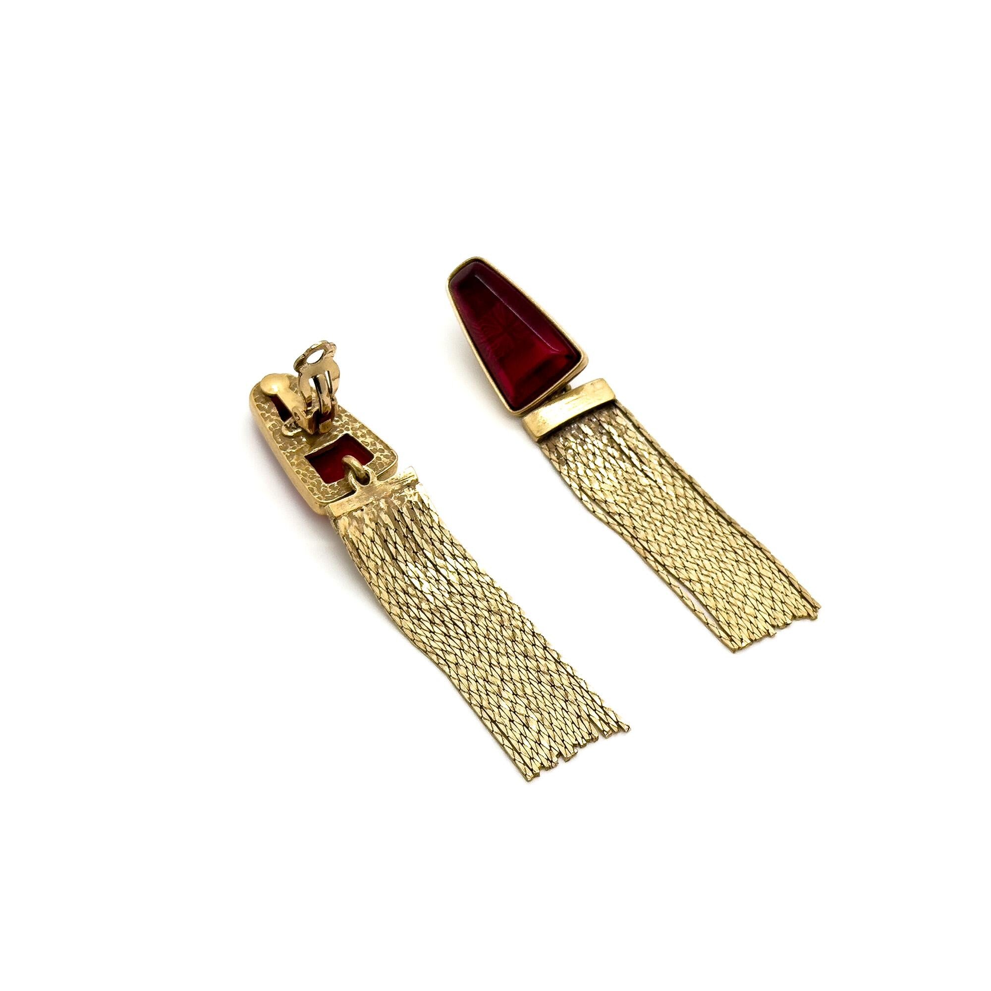 Vintage Art Deco Long Tassel Rhinestone Enamel Drop Earrings