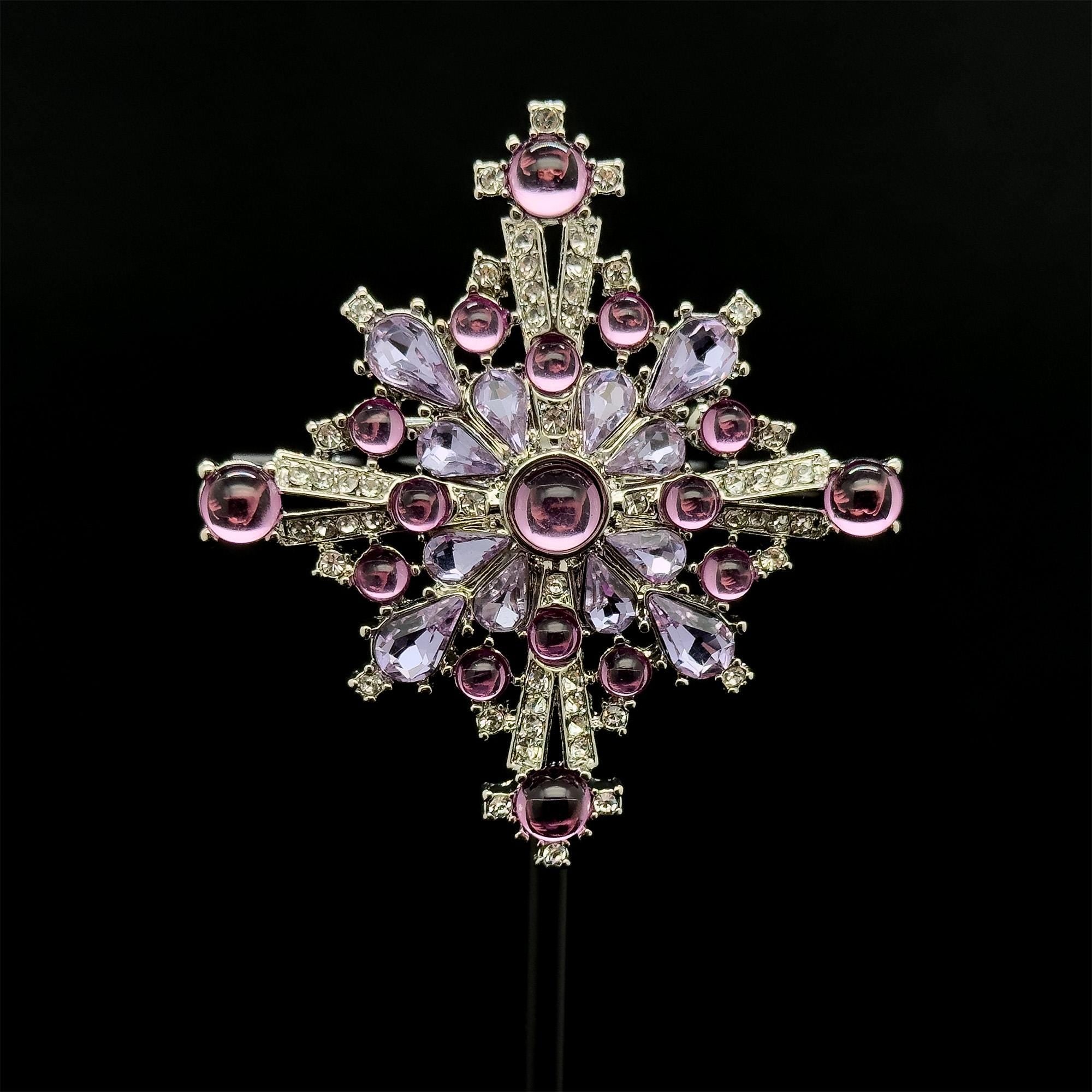 Vintage Art Deco Blue Crystal Cross Brooch, Copper Backing