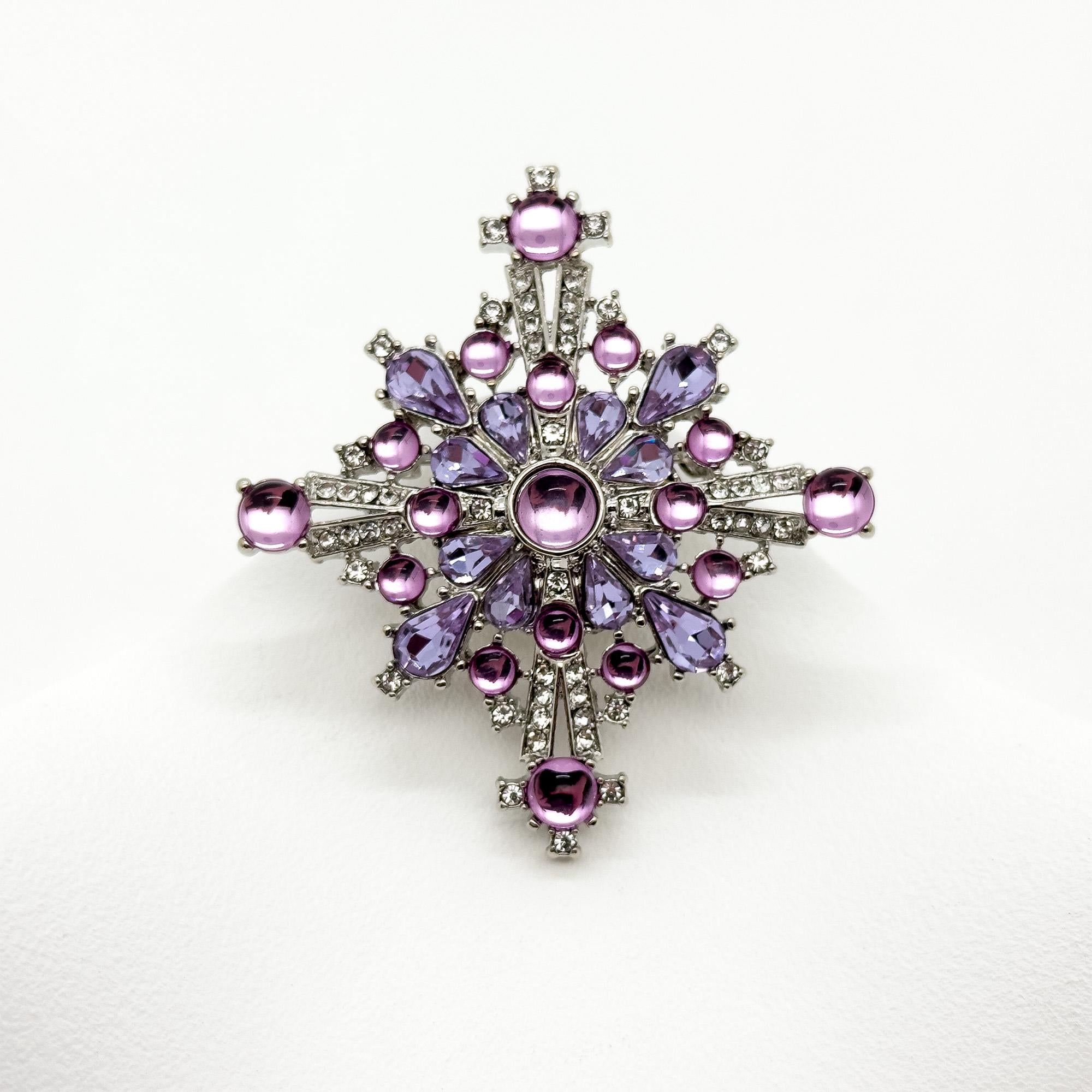 Vintage Art Deco Blue Crystal Cross Brooch, Copper Backing