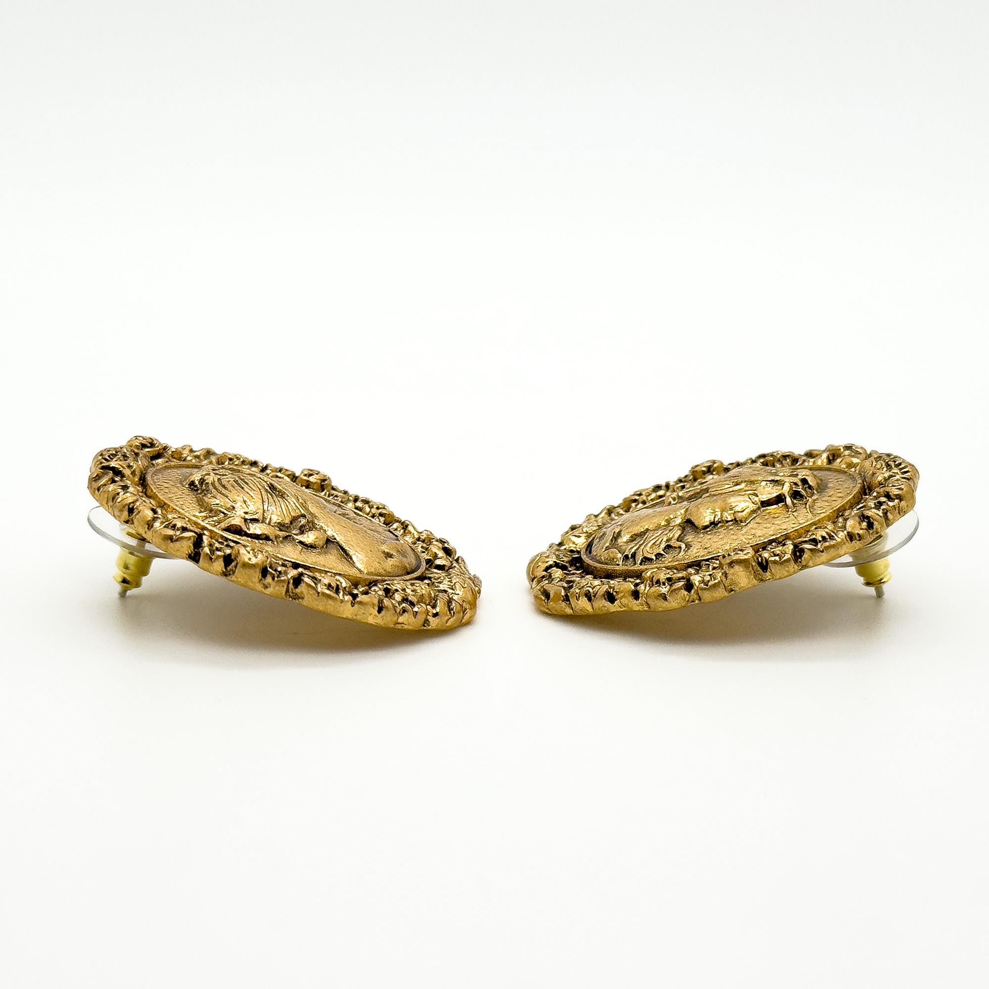 Art Deco Vintage Portrait Relief Copper Stud Earrings, 925 Silver