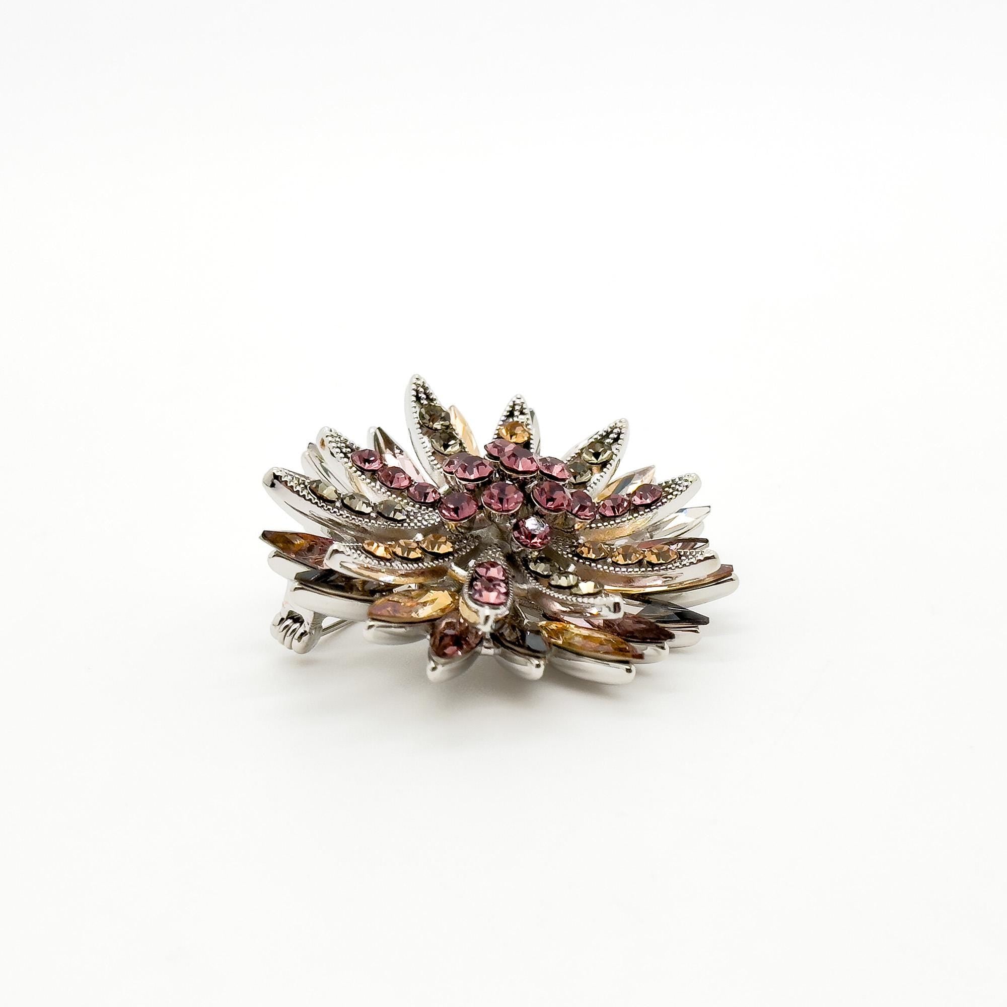 Art Deco Sunflower Crystal Brooch – 3D Vintage Copper Pin