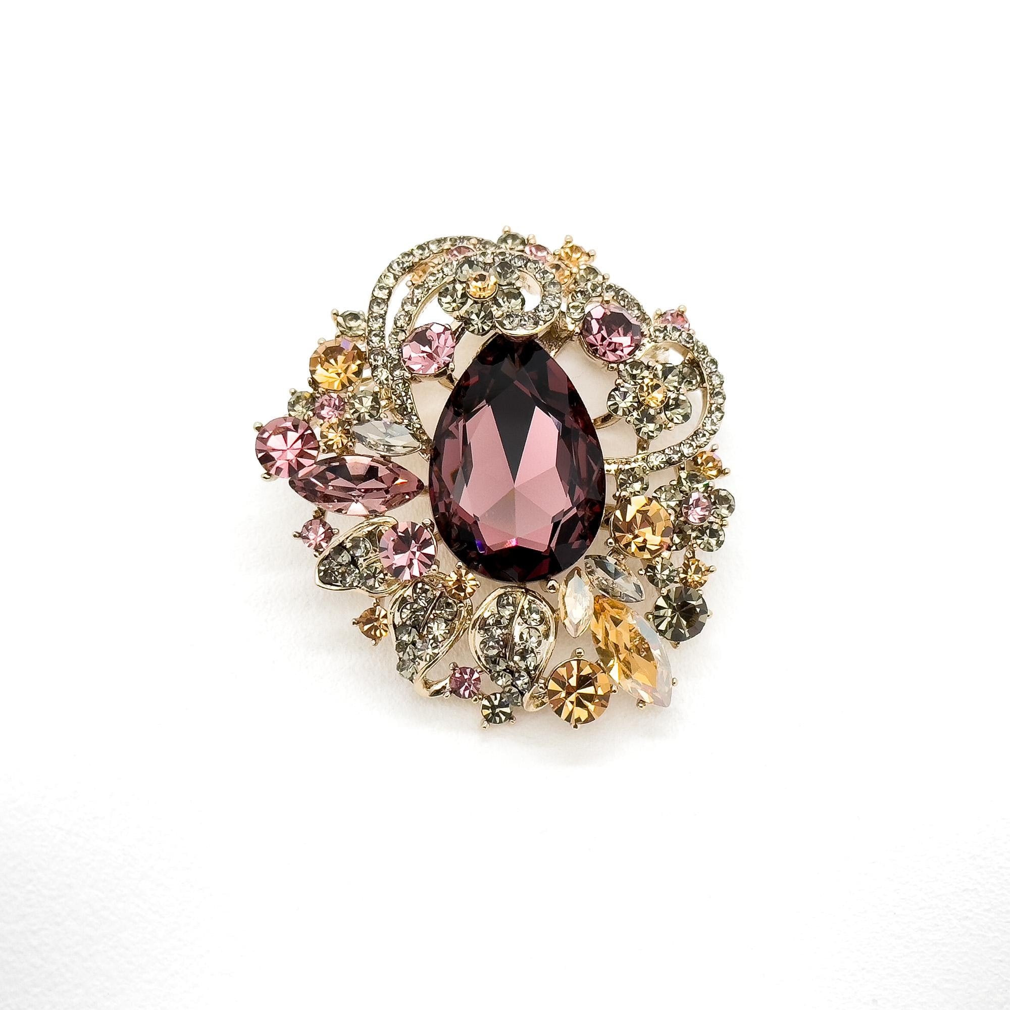 Vintage Art Deco Crystal Brooch Copper Zircon Austrian Crystal Pin