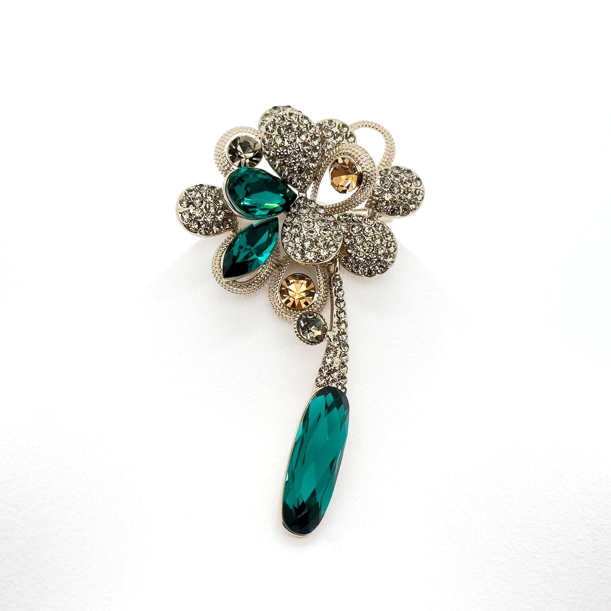 Vintage Art Deco Floral Tassel Brooch with Zircon and Crystal