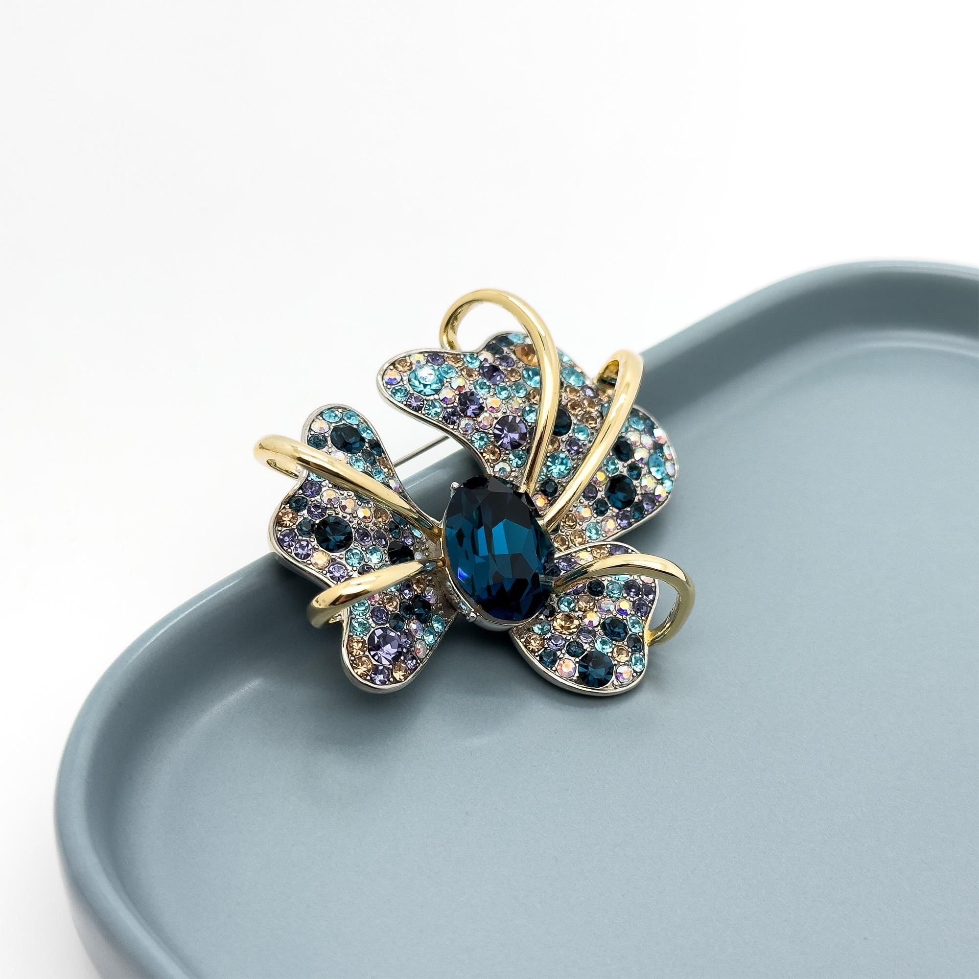 Vintage Art Deco Iris Brooch Copper Zircon Glass Court