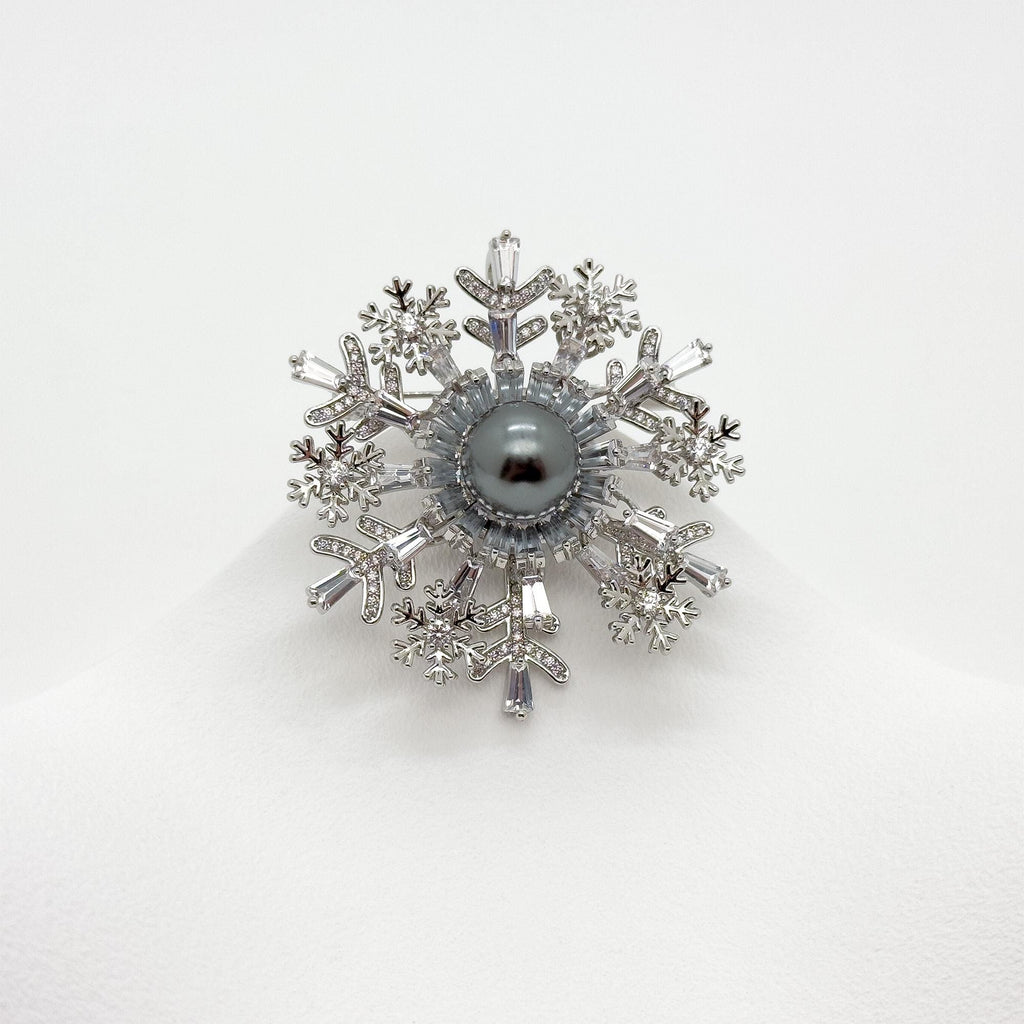 Art Deco Snowflake Brooch Zircon Pearl Copper Vintage French Pin