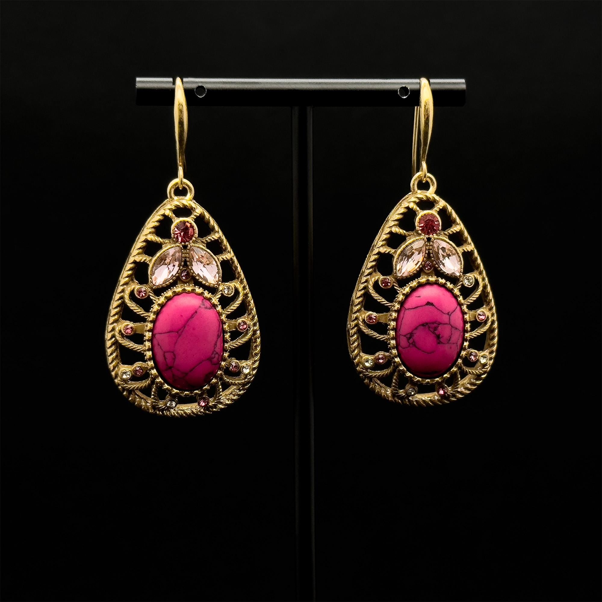 Vintage Art Deco Ruby Drop Earrings Copper Filigree Statement