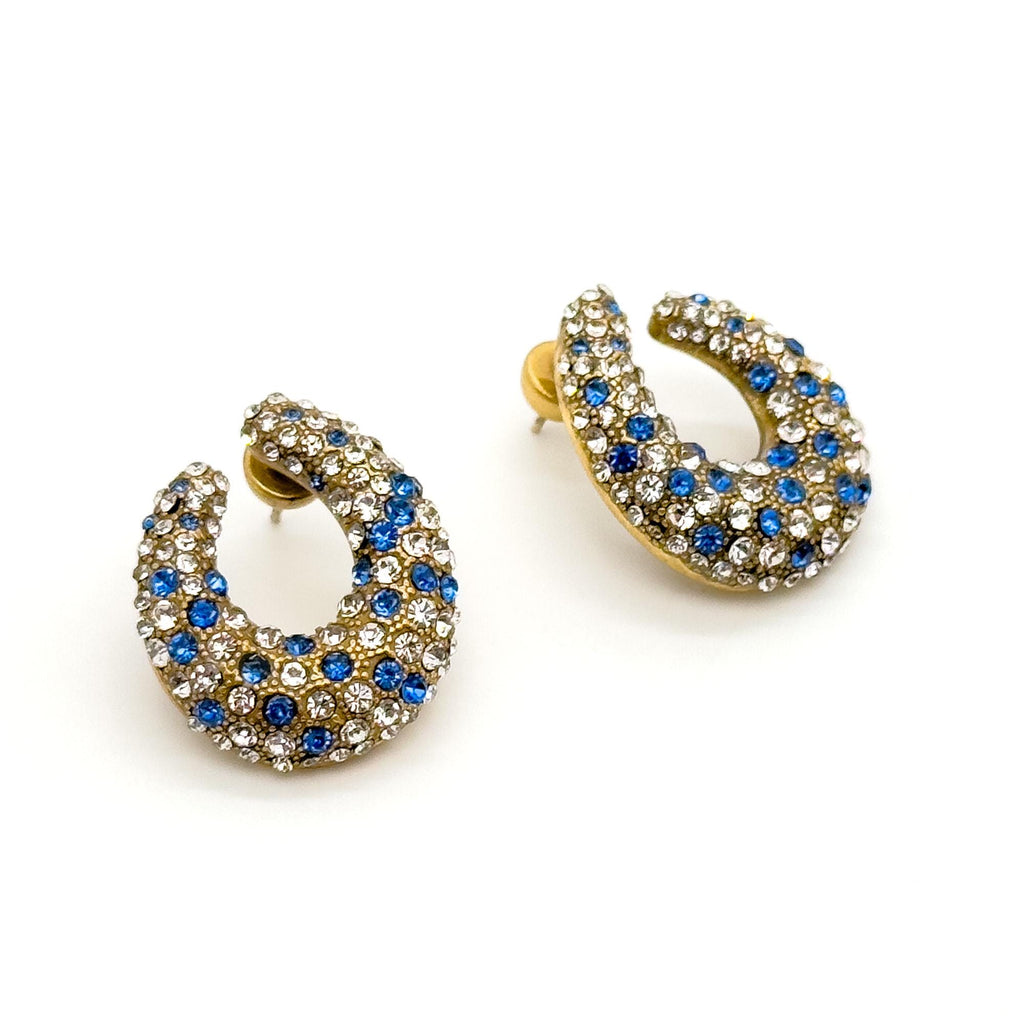 Vintage Art Deco U-Shaped Rhinestone Stud Earrings, 925 Silver Posts