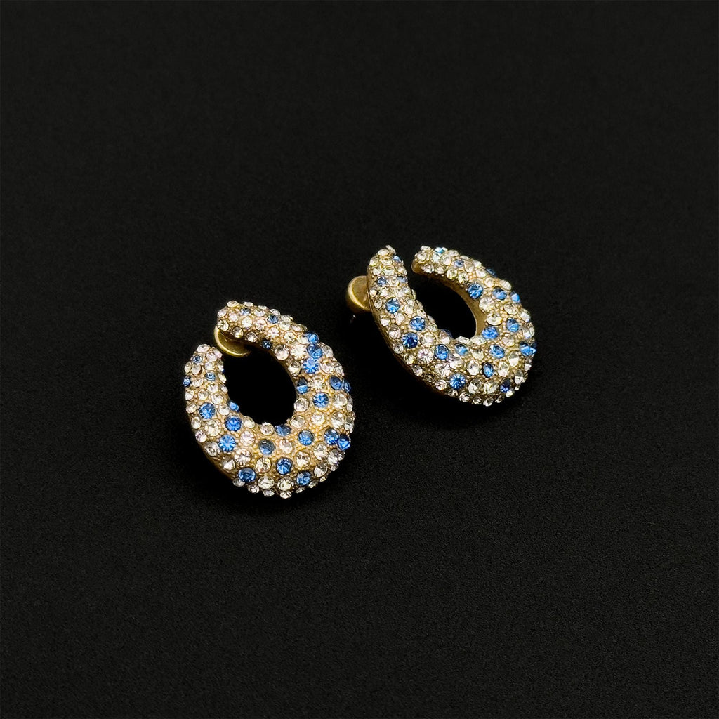 Vintage Art Deco U-Shaped Rhinestone Stud Earrings, 925 Silver Posts