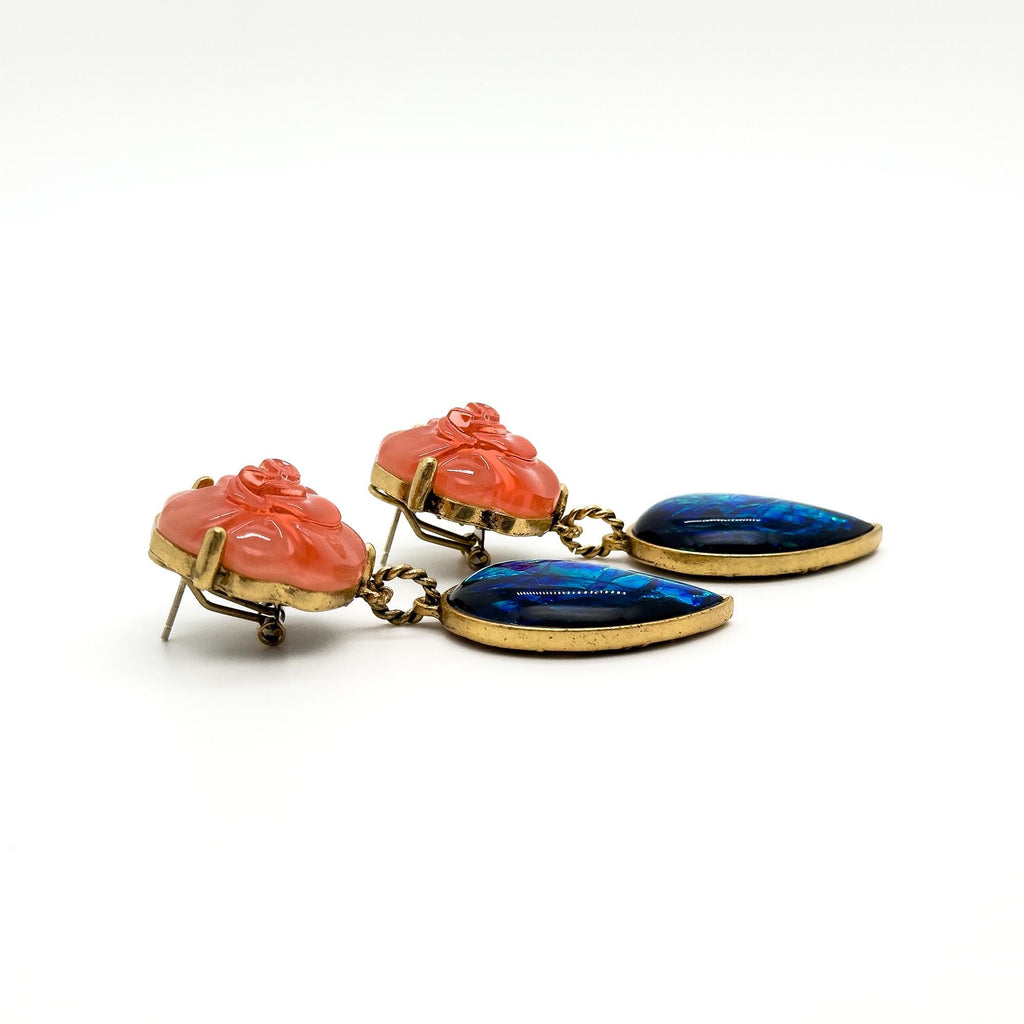 Vintage Art Deco Agate Rose Leaf Drop Earrings