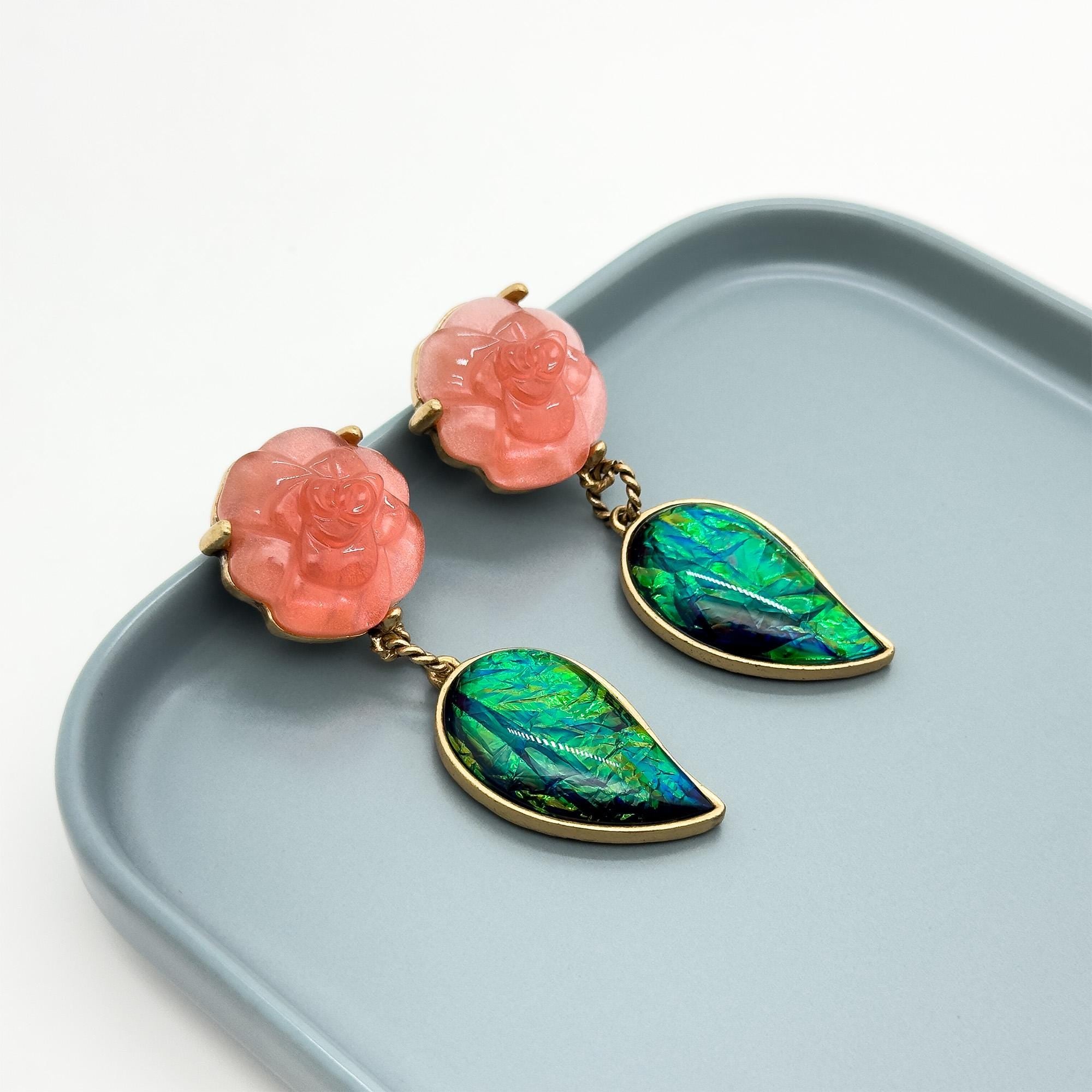 Vintage Art Deco Agate Rose Leaf Drop Earrings