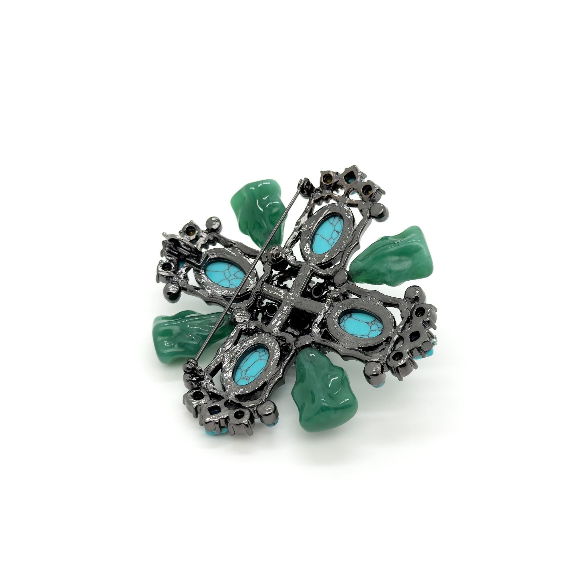 Vintage Art Deco Turquoise Cross Brooch Large Rhinestone Copper Statement