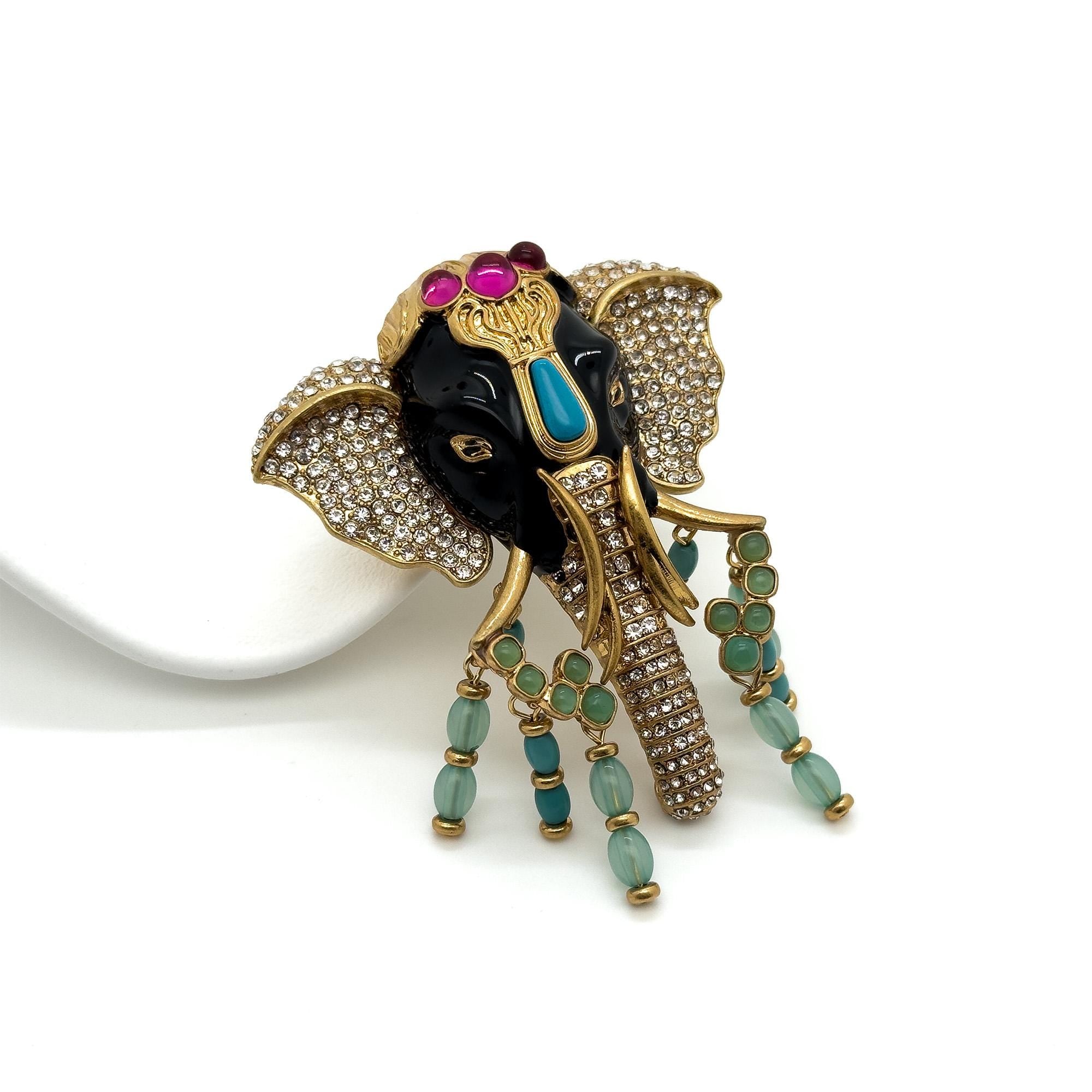 Art Deco Elephant Statement Brooch – Rhinestone Enamel Vintage Tribal