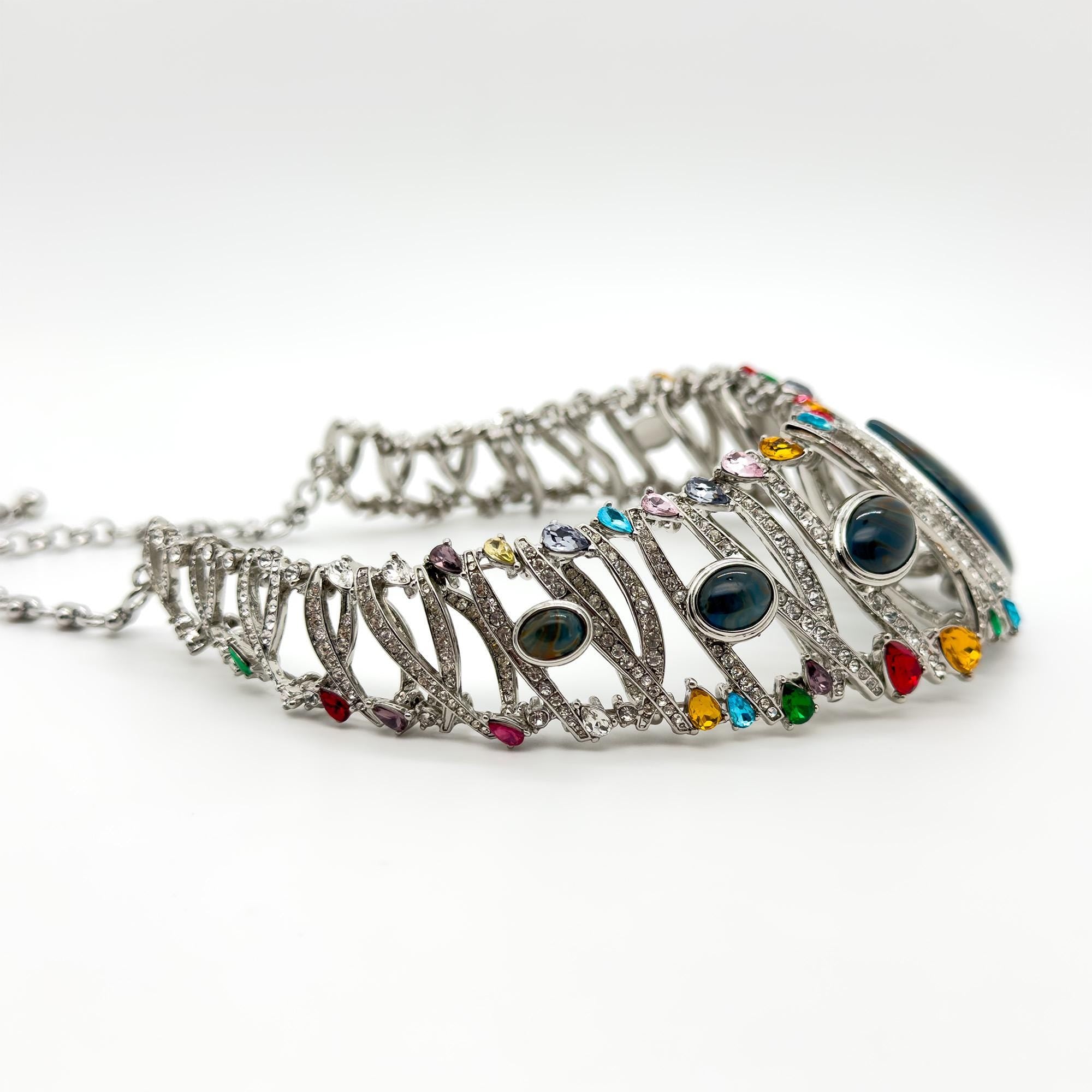 Vintage Art Deco Rhinestone Statement Choker Necklace with Stones