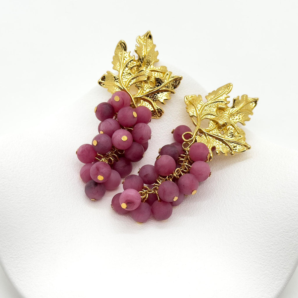 Vintage Art Deco 3D Grape Earrings Purple Beaded Copper Gold-Plated