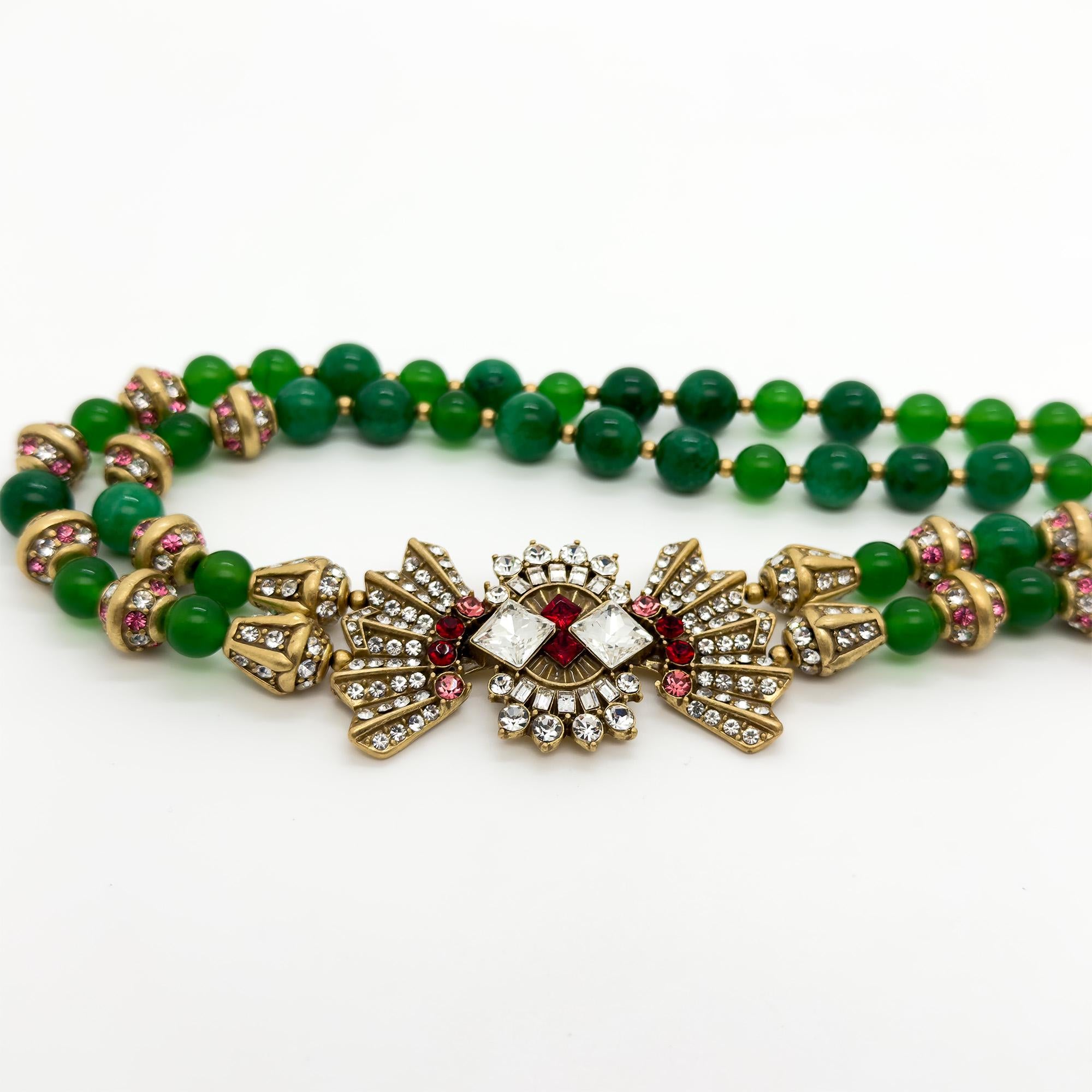 Vintage Art Deco Beaded Emerald Glass Necklace with Bow Accent