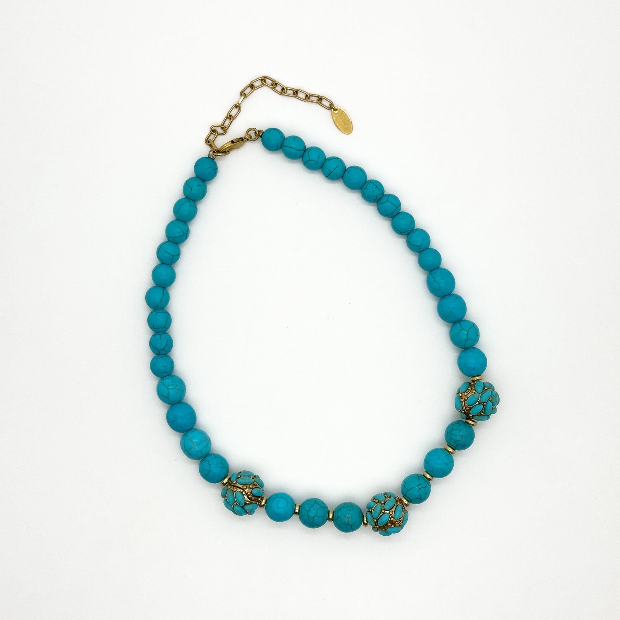 Vintage Art Deco Turquoise Bead Necklace Copper Gemstone Boho