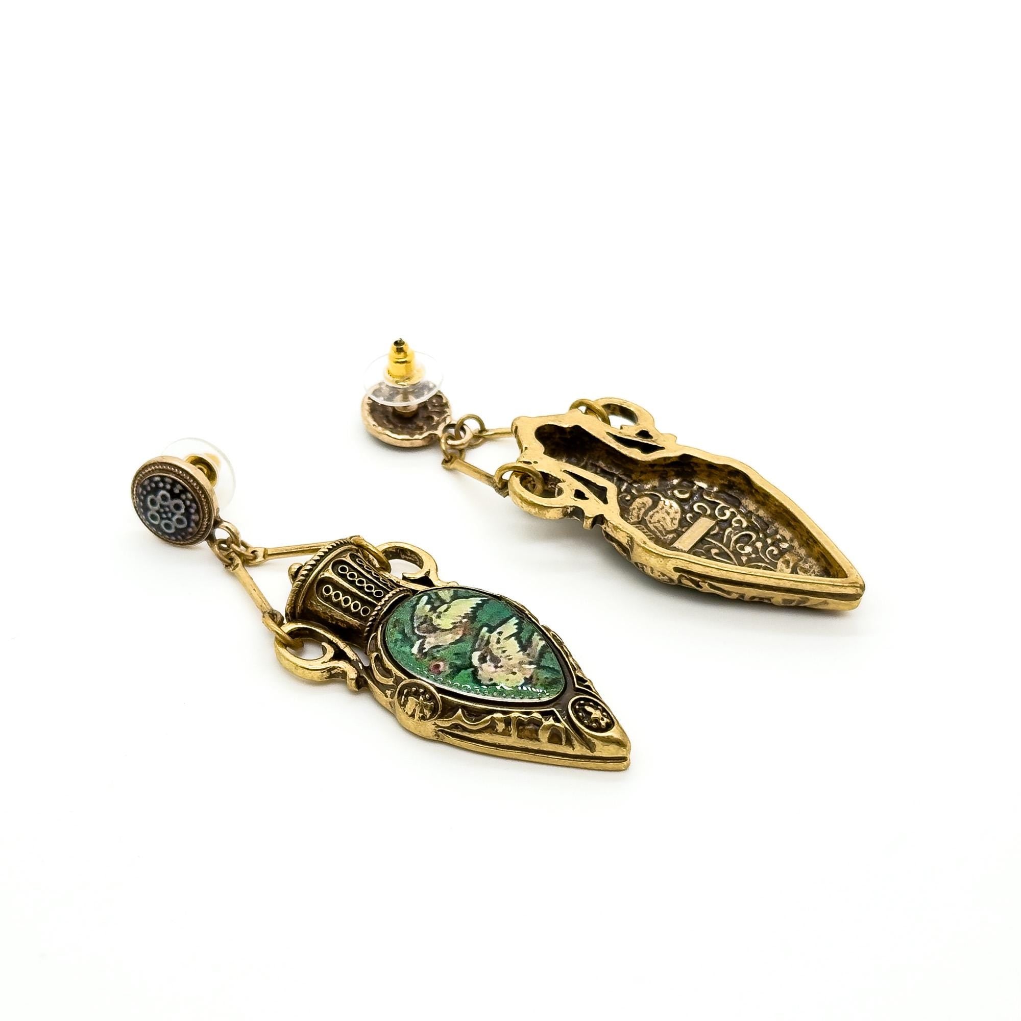 Vintage Art Deco Copper Pigeon Pendant Necklace and Earrings Set