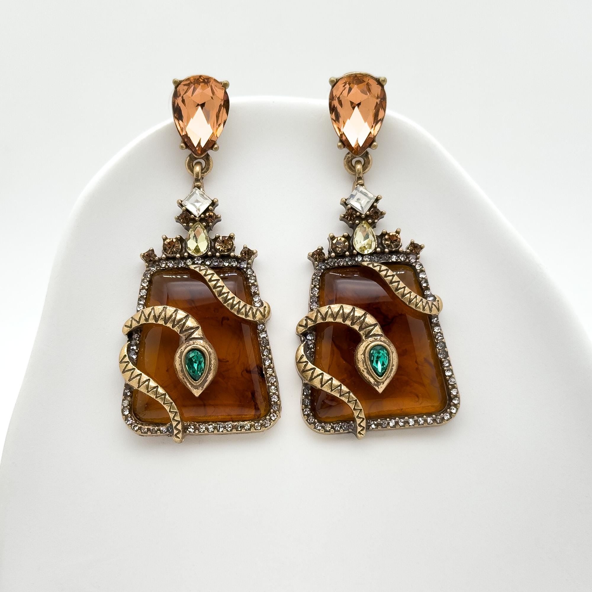 Vintage Art Deco Snake Zircon Resin Copper Statement Stud Earrings